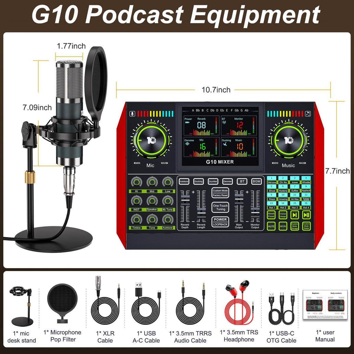 neculogy G10 Podcast Equipment Bundled with Audio Mixer Integrated Podcast Production Studio, Equipped with P15 Microphone, Used for Live Streaming, Podcast Recording PC,YouTube Recording