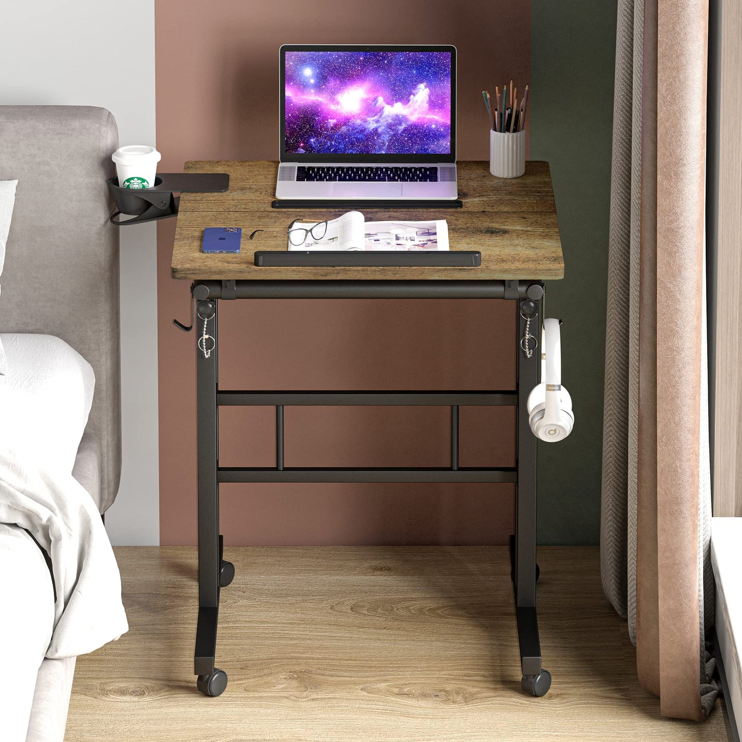 Klvied Small Standing Desk with Cup Holder, Height Adjustable Mobile Laptop Stand on Wheels, Ergonomic Rolling Computer Workstation for Home Office, Portable Overbed Table for Couch & Bed, Oak