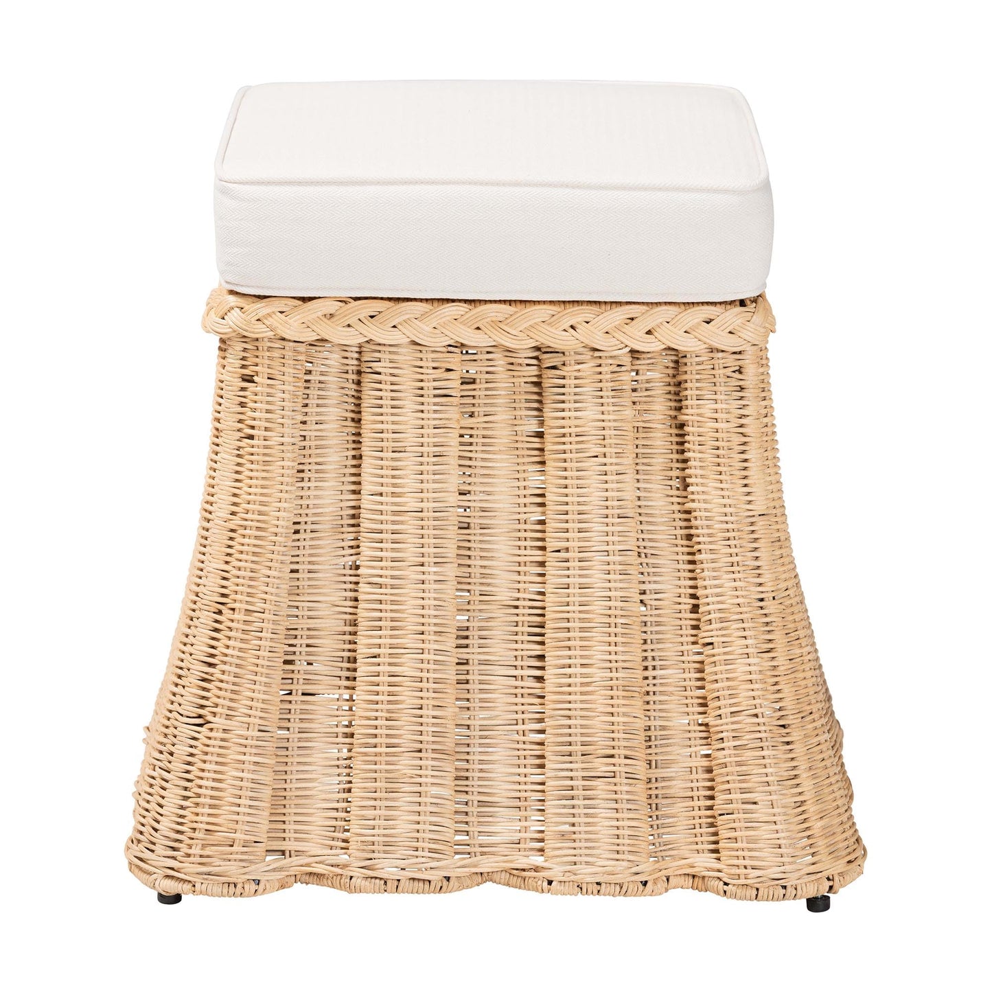 Bali & pari Rotem Natural Rattan Ottoman with Cushion - Handwoven Wicker Pleated Skirt Accent Coffee Table or Extra Seating for Living Room or Sunroom, Small