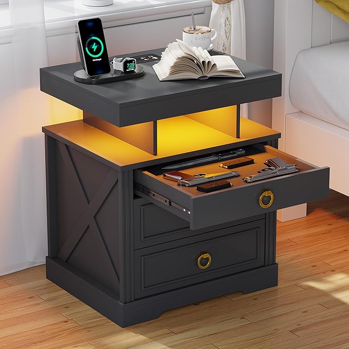 HNEBC Night Stand Set 2 with Gun Drawers, Farmhouse Nightstand with Charging