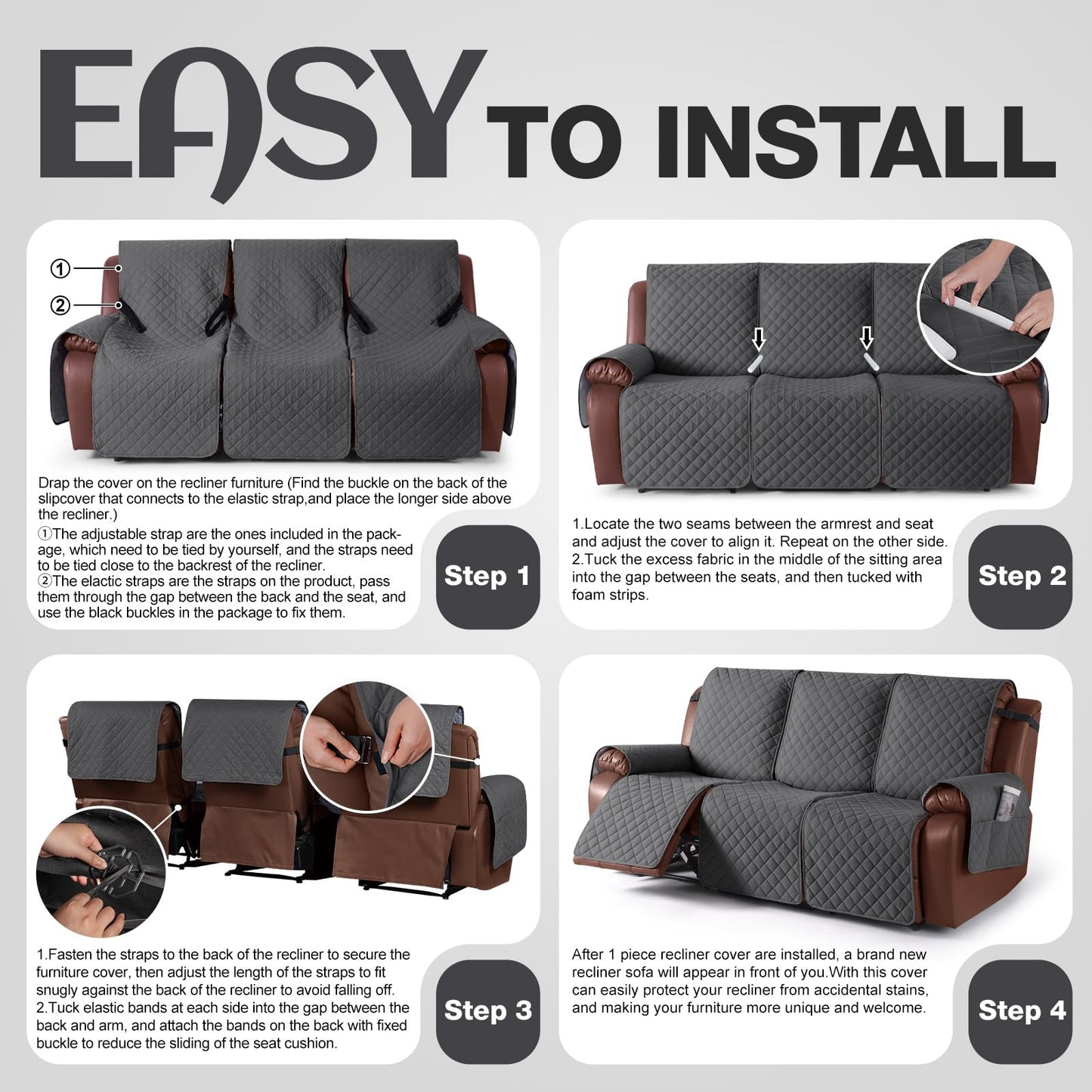 KinCam Waterproof Recliner Sofa Cover, Non-Slip Reclining Couch Covers for 3 Seat, Recliner Couch Cover Furniture Protector with Elastic Straps for Pets, Kids, Charcoal Gray