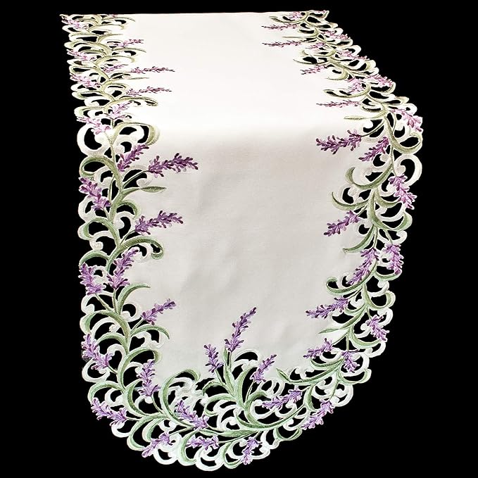 Embroidered Purple Embroidered Lavender Lilac Table Runner, Dresser Scarf