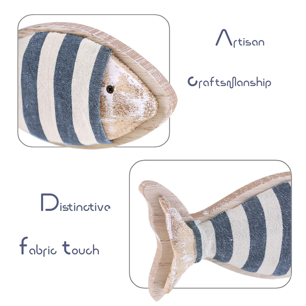 NAUTIMALL Wooden Fish Figurines with Jute Rope and Cotton String, Fish Sculpture Statues for Home Decoration, Table Top Nautical Decor for Living Room, Bedroom, Beachhouse Home Decor (StripedFish-3)