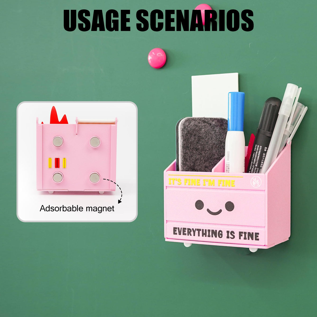 Tian Zhun Dumpster Fire Magnetic Pen Holder Funny Pink Magnetic Pencil Holder Magnetic Locker Organizer for Refrigerator Whiteboard Home Office Hospital Marker pen storage