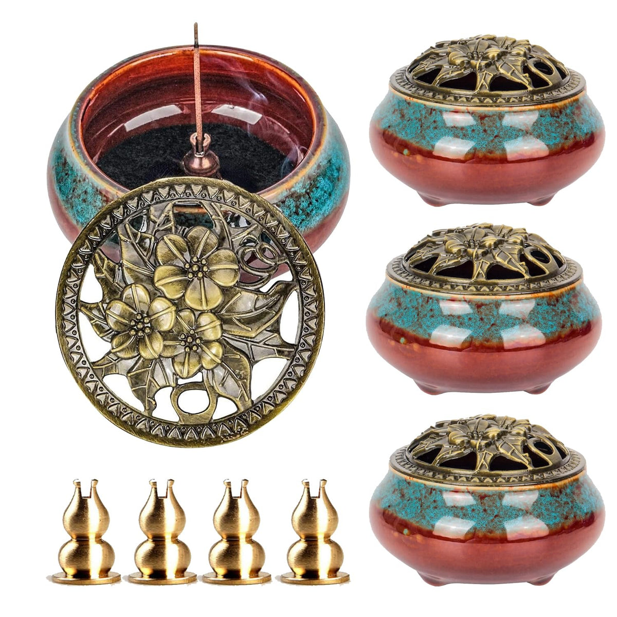 Maxcheck 4 Pcs Ceramic Incense Burner with Copper Lid Metal Incense Holder Lotus Cone Burner for Sandalwood Palo Santo Sage Cones Meditation Yoga Spa Gifts Room Decor(Blue)