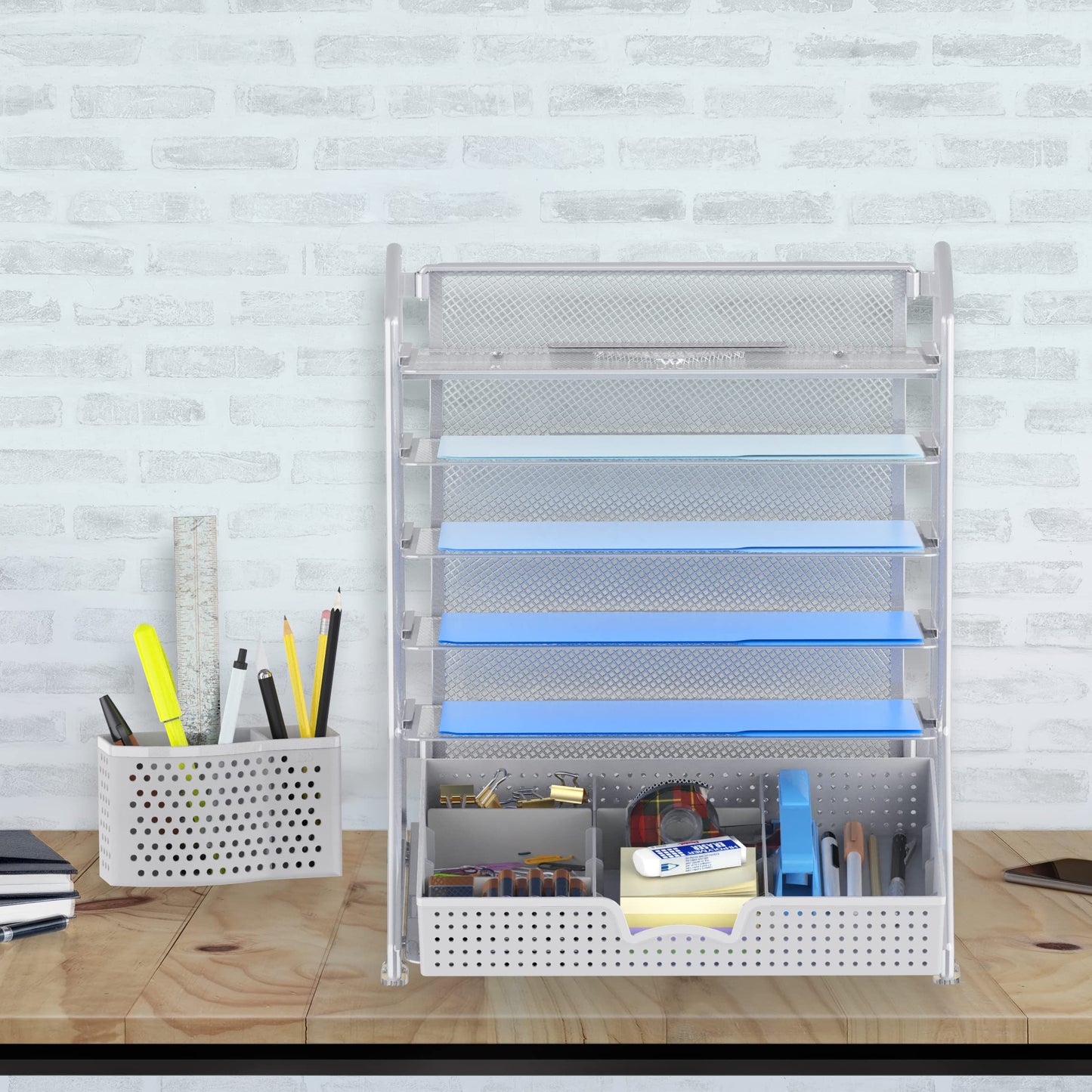 Simple Houseware 6-Tier Desk Document File Tray Organizer with Sliding Drawer, Silver
