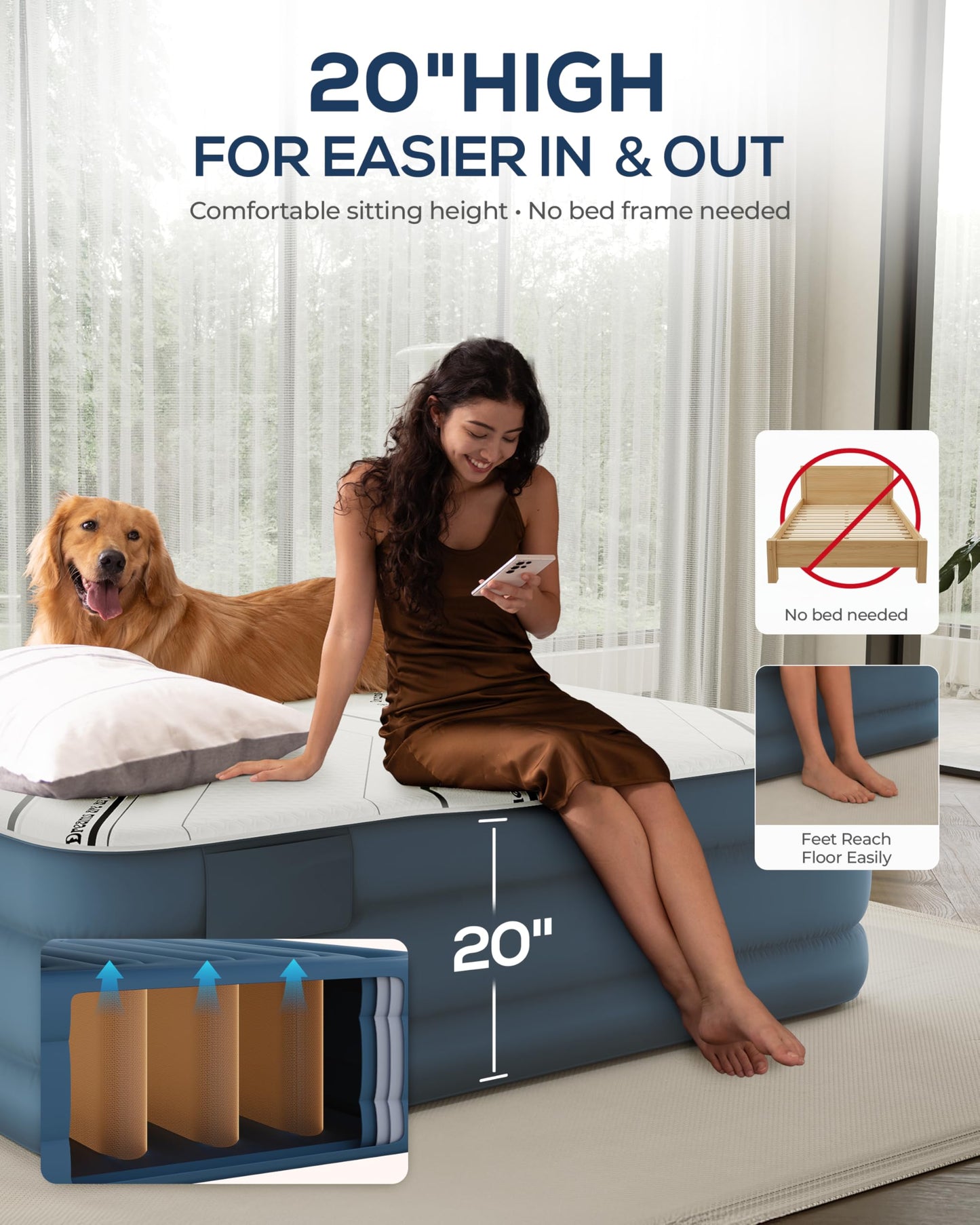 20” Tall Luxury Air Mattress with Quilted Foam Topper, Extra Firm Support with U-shaped PVC strap Inflatable Bed, Quiet & Comfortable Blow Up Bed for Home Guests, Camping, Travel, Fast Inflate AirBed