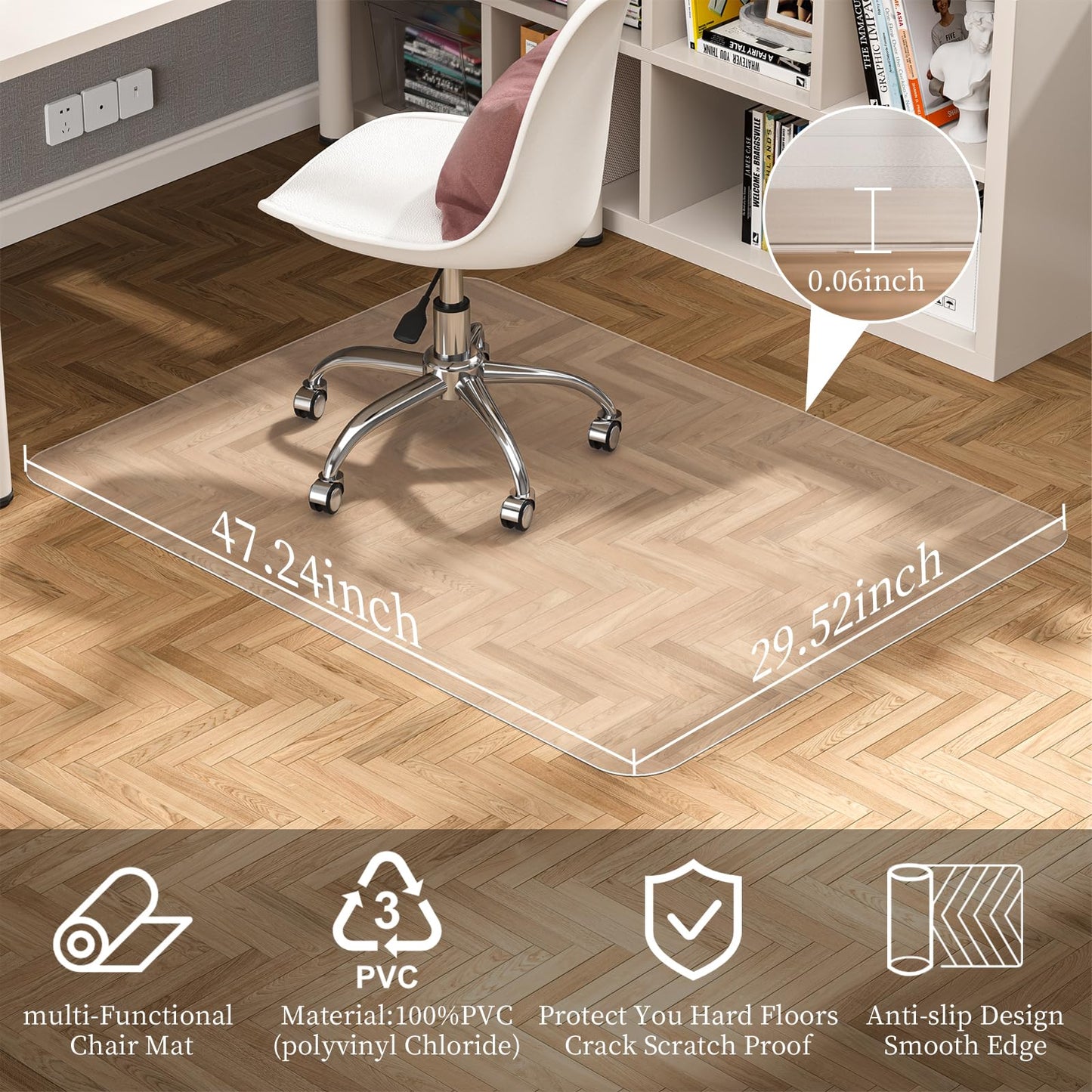 Tonaus Office Chair Mat 30"×48", Chair Mat for Hardwood Floor Transparent Clear PVC Floor Protector for Home Office Study Wooden Floors