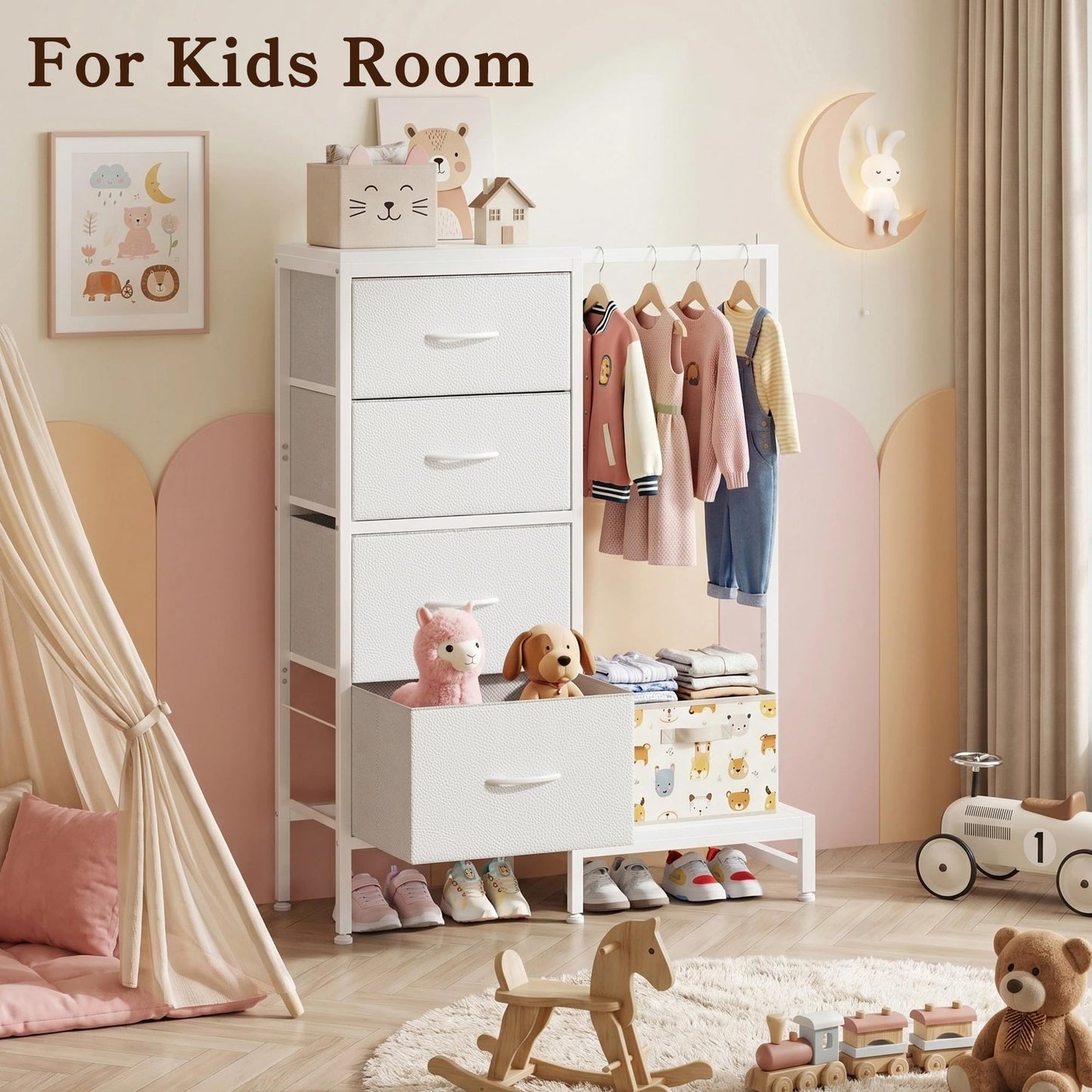 HIGDBFE Tall Dresser 44''H with Hanging Rack, 4 Drawers Small Closet Dresser for Bedroom, Reversible Fabric Chest of Drawers with Clothes Rack, Tall Storage Tower, Sturdy Frame, White