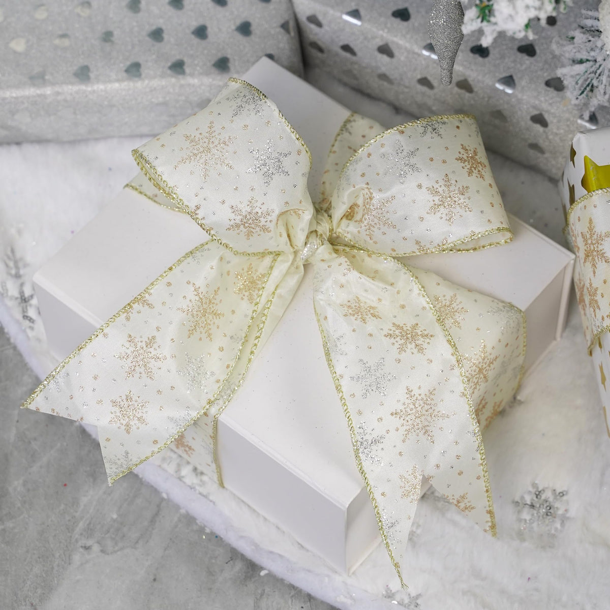 AIMUDI Ivory Snowflake Ribbon 2.5" Ivory and Gold Christmas Satin Wired Ribbon for Gift Wrapping Christmas Trees Wreaths Garlands Crafts Tree Topper Bows Home Decor- 10 Yards