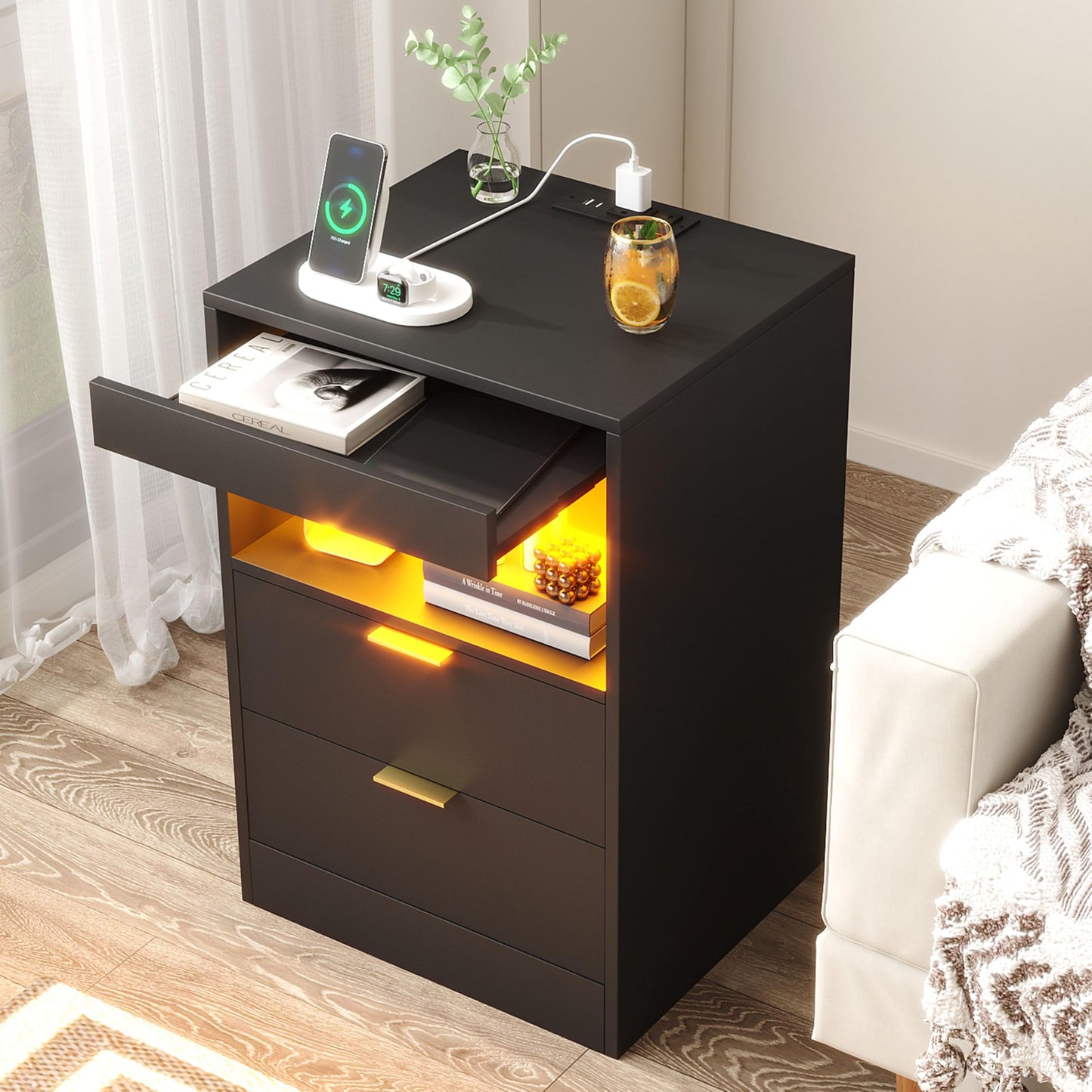 Yusong Night Stand, Black Nightstand, LED Nightstand with Charging Station, Modern Night Stand, Bedside Table, Wood Sofa Couch End Side Table with 2 Pull-Out Shelf
