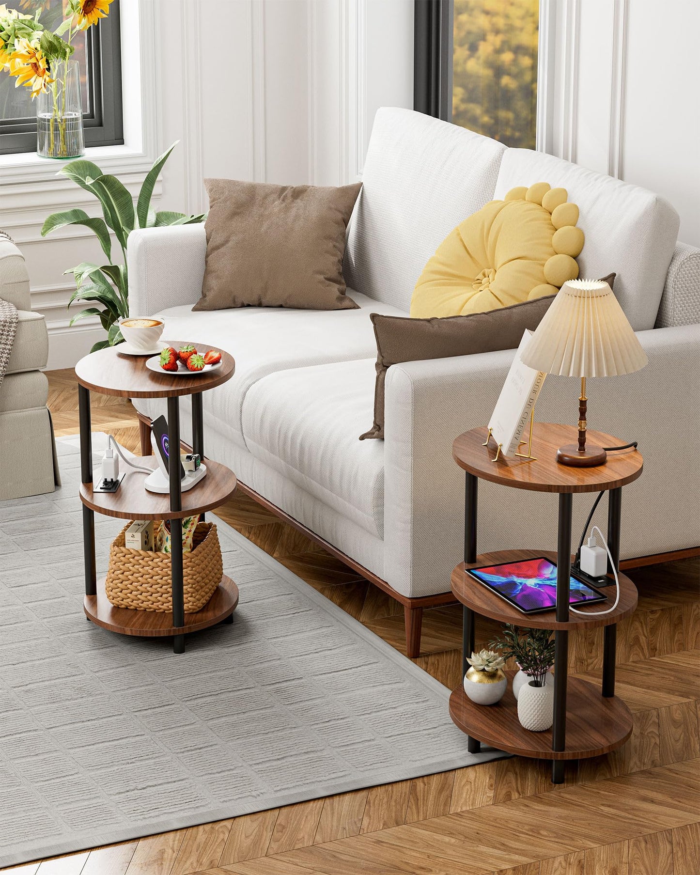 RISWER Small Round Side Table - 3-Tier Oval Accent Table for Small Spaces, Rustic Wood and Metal Nightstand for Living Room or Bedroom, with Built-in USB Ports and Power Outlet, Rustic Walnut