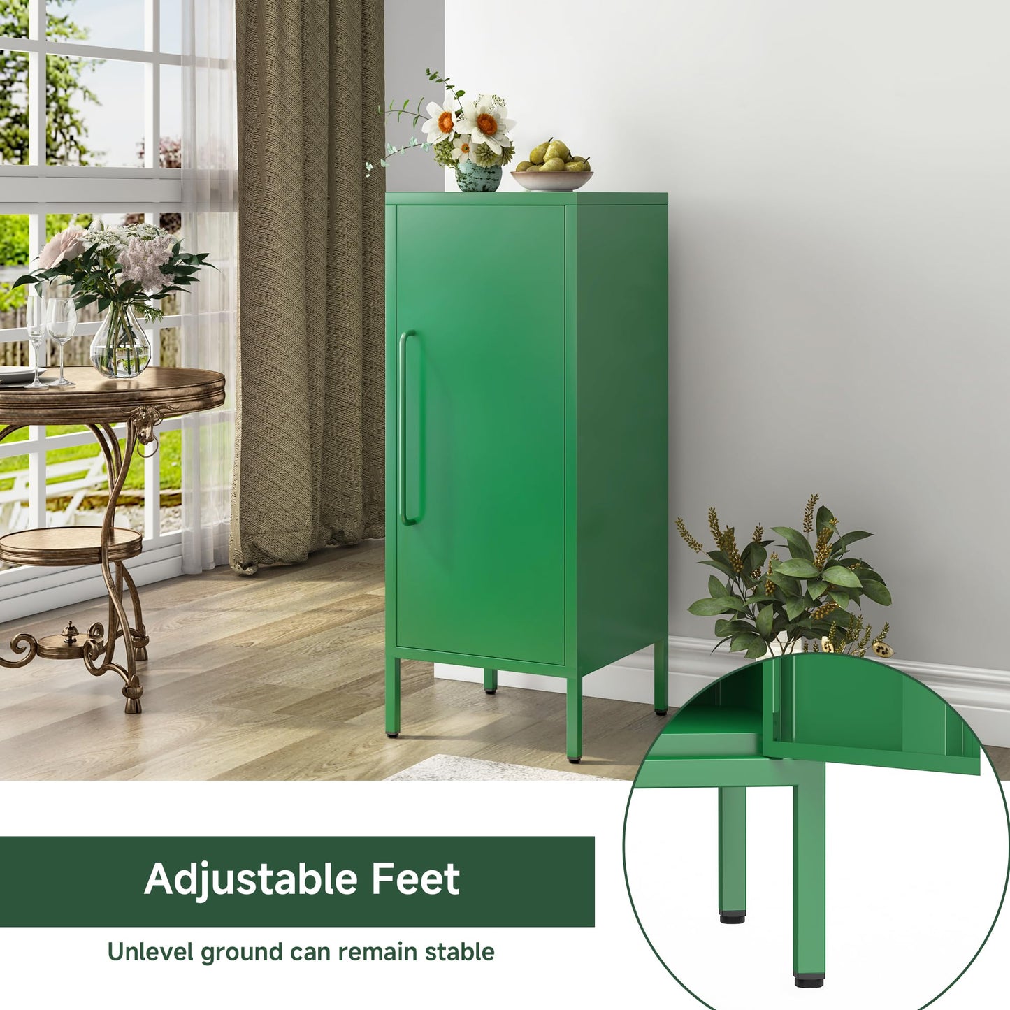 PEROKIER Metal Storage Cabinet 39.5” Decorative Storage Cabinet with Door & 2 Adjustable Shelves for Home Office Garage Kitchen (Green)