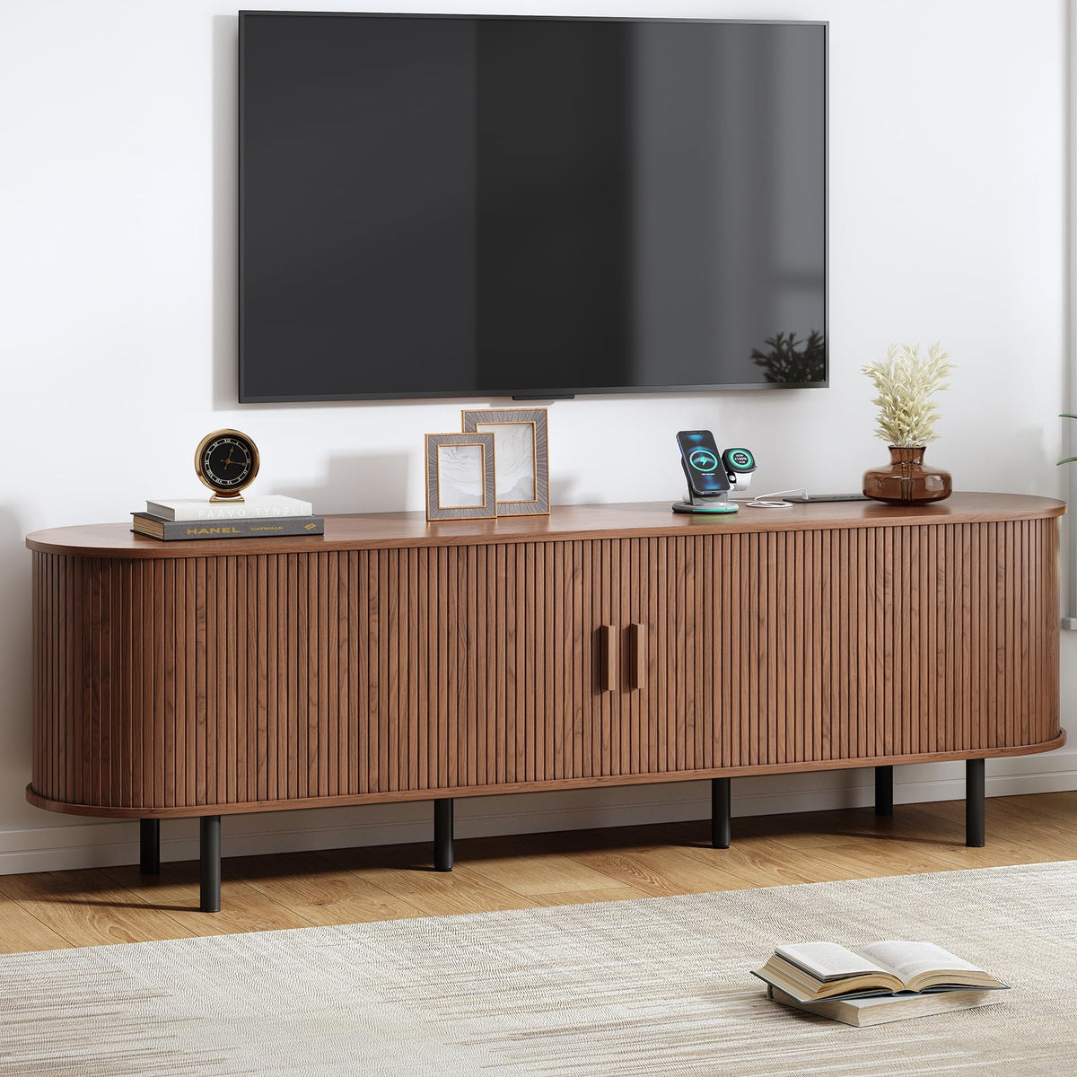 70.8" TV Stand with Power Outlet, Mid-Century Modern Television Stand, Fluted Media Console with Sliding Doors, Entertainment Center for TVs up to 60 Inch, Adjustable Shelves, Walnut