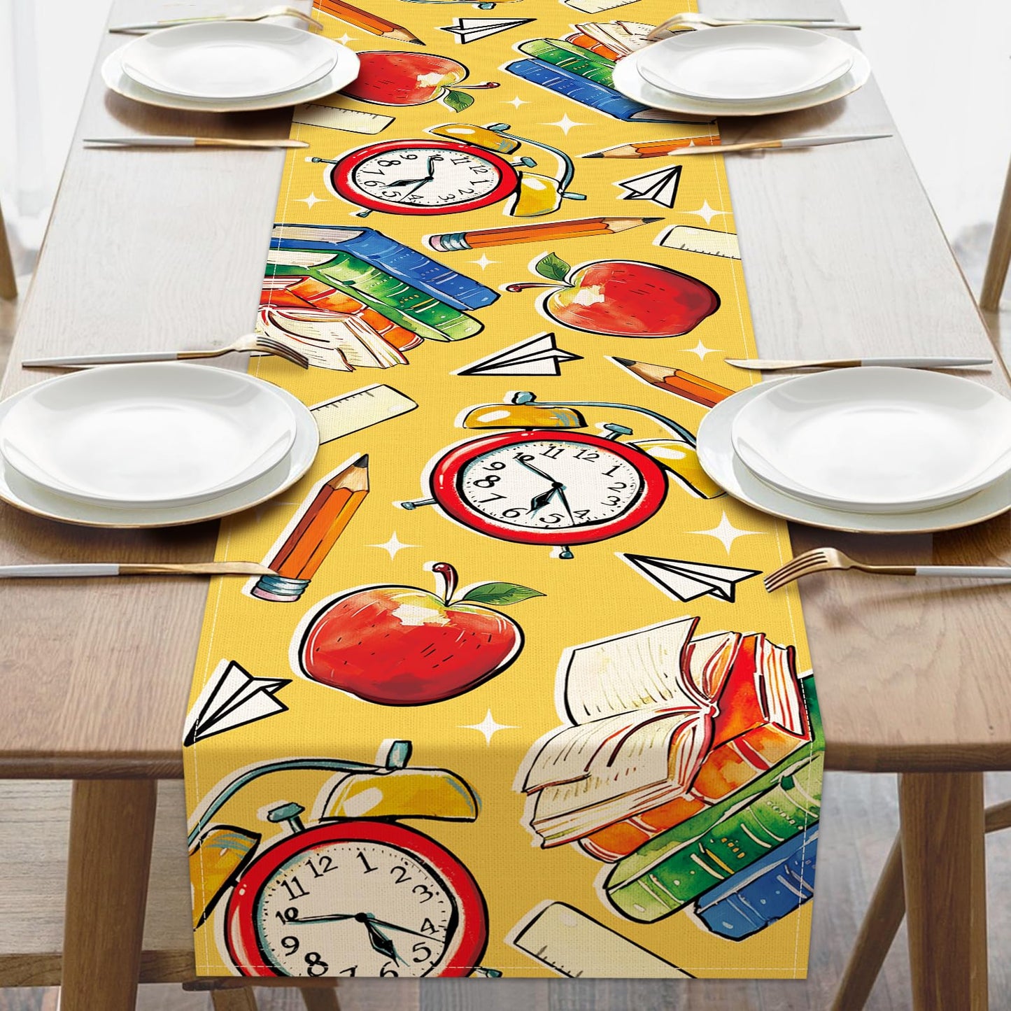 Croar Back to School Classroom Dining Table Runner, First Day of School Book Apple Clock Kindergarten Burlap Kitchen Decoration, Pencil Ruler Indoor Outdoor Home Party Decor Teacher Supply 13''x72''