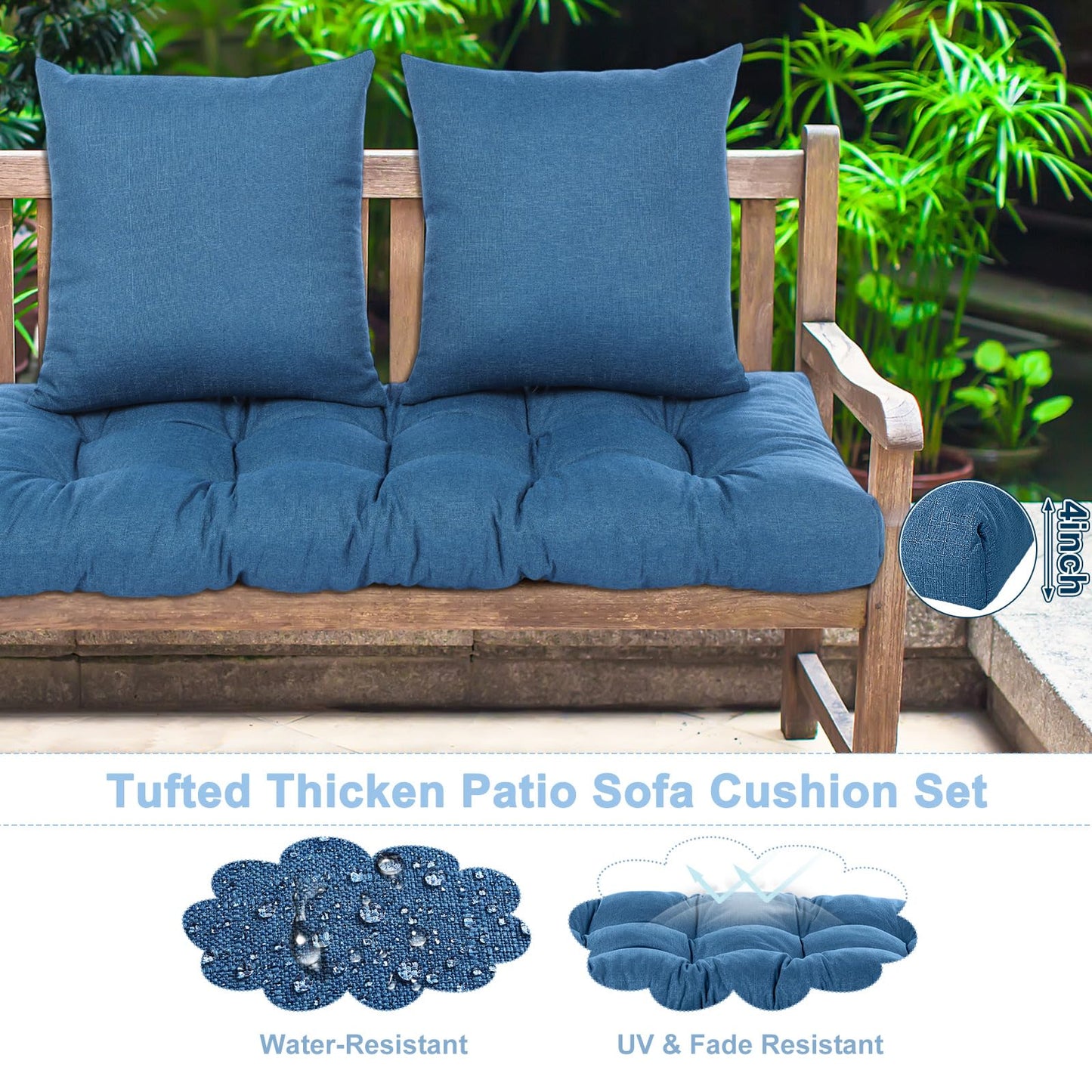 Wenqik 3 Pcs Outdoor Bench Cushion Set 44x19 in Waterproof Tufted Patio Cushion Loveseat Seat Pad with 2 Throw Pillows Memory Foam Settee Pad for Indoor Sofa Wicker Couch Window Seat(44x19 in,Blue)