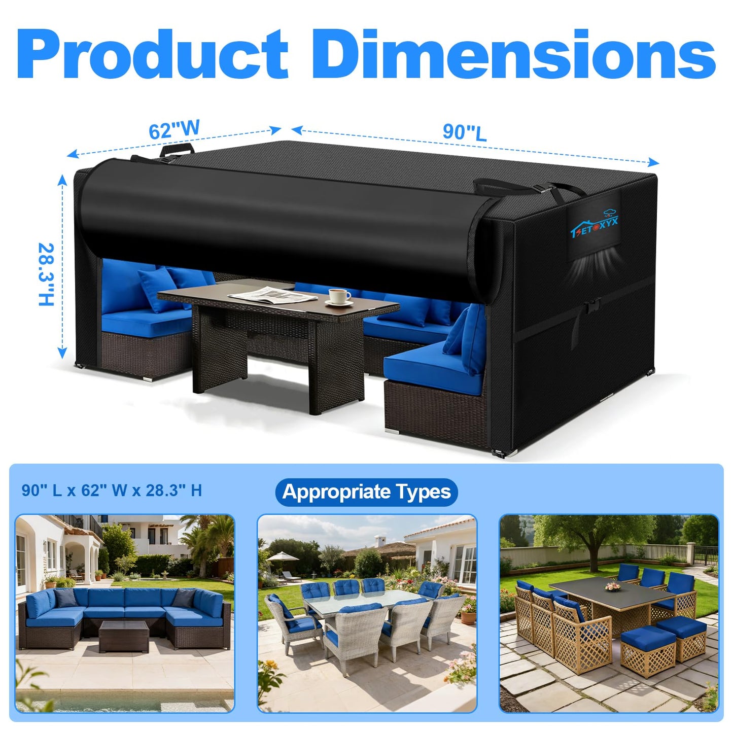 SETOXYX Patio Furniture Covers Rectangle, 420D Outdoor Furniture Set Covers, Waterproof Outside Table Covers Furniture Covers with Flip-Open Zipper Design, Windproof Buckle Straps,90" Lx62 Wx28.3 H