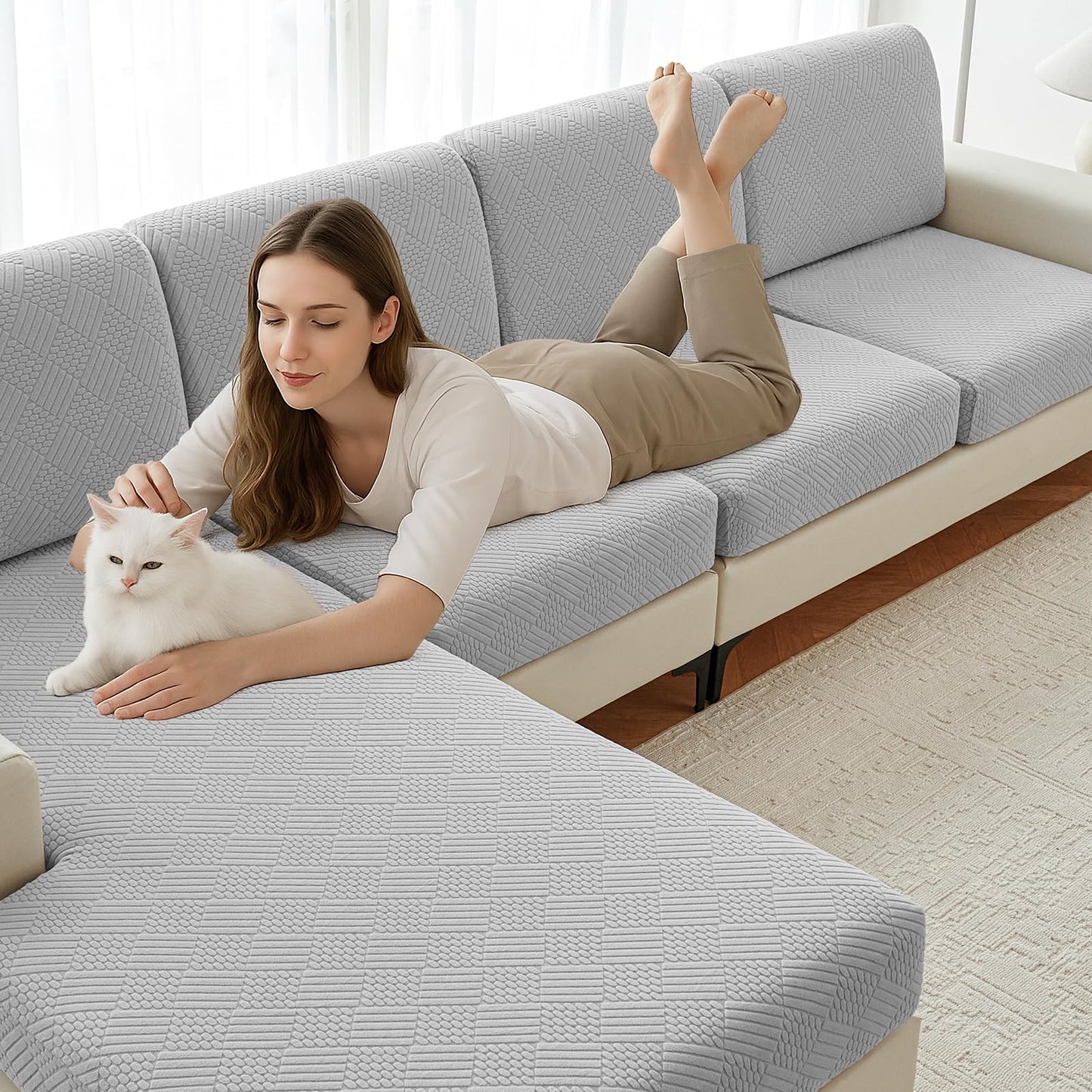 Deep Dream Sectional Couch Covers 6 Pieces, Stretch Couch Cushion Covers, L Shaped Washable Sofa Covers for Left/Right Sectional Sofa (3 Backrest Cover + 2 Seater + 1 Chaise, Light Grey)