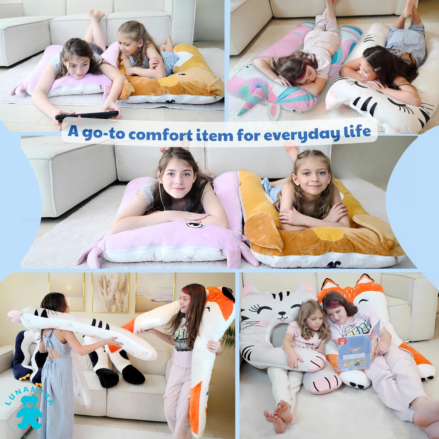 LUNAMIRA Dog Kids Body Pillow - 47" U-Shape Long Plush Soft Animal Pillow for Sleeping, Reading, ADHD & Special Needs Comfort, Anxiety, Washable Cover, Snuggle Fun Cuddle Pillow for Boys & Girls