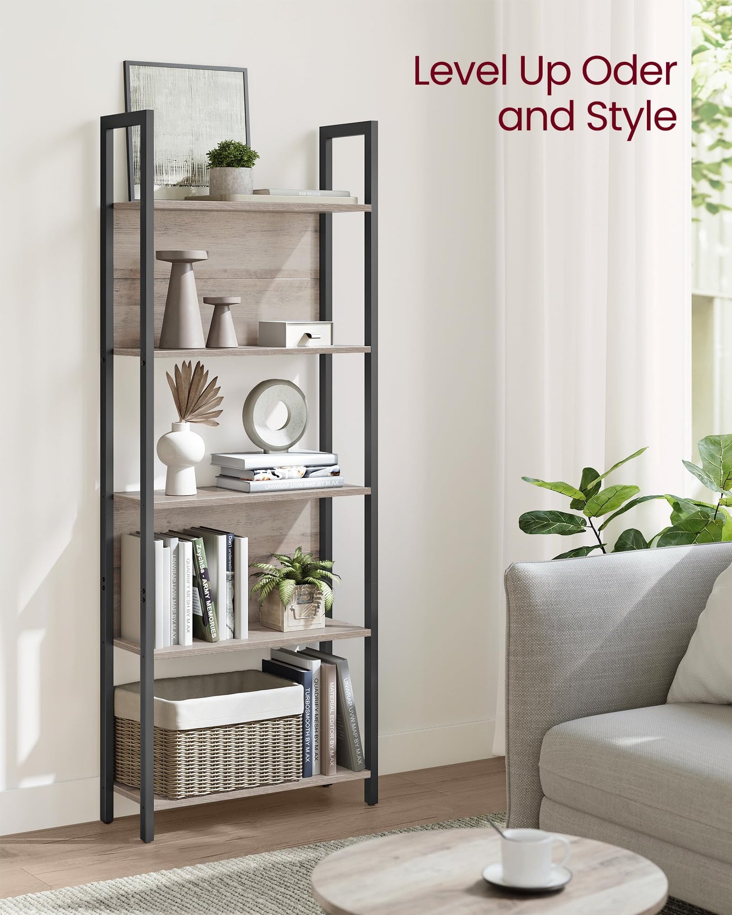 VASAGLE 5-Tier Bookshelf, Book Shelf, Industrial Bookcase, with Steel Frame, for Living Room, Home Office, Bedroom, 9.4 x 24.4 x 65 Inches, Greige and Black ULLS025B02