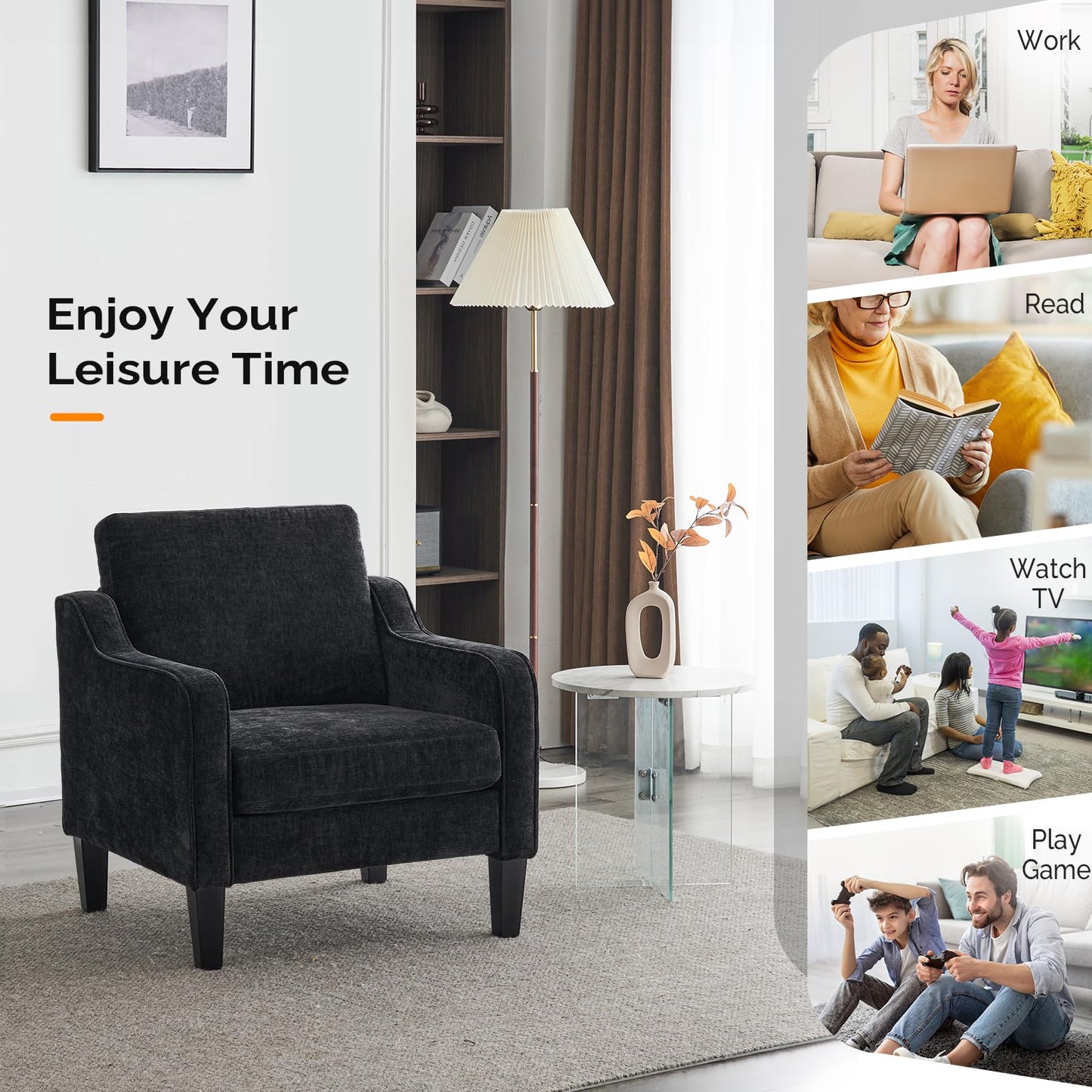 VINGLI Mid Century Modern Accent Chairs, Black Soft Chenille Reading Chair Upholstered Armchair Side Chairs Sofa Couches for Living Room, Bedroom, Apartment