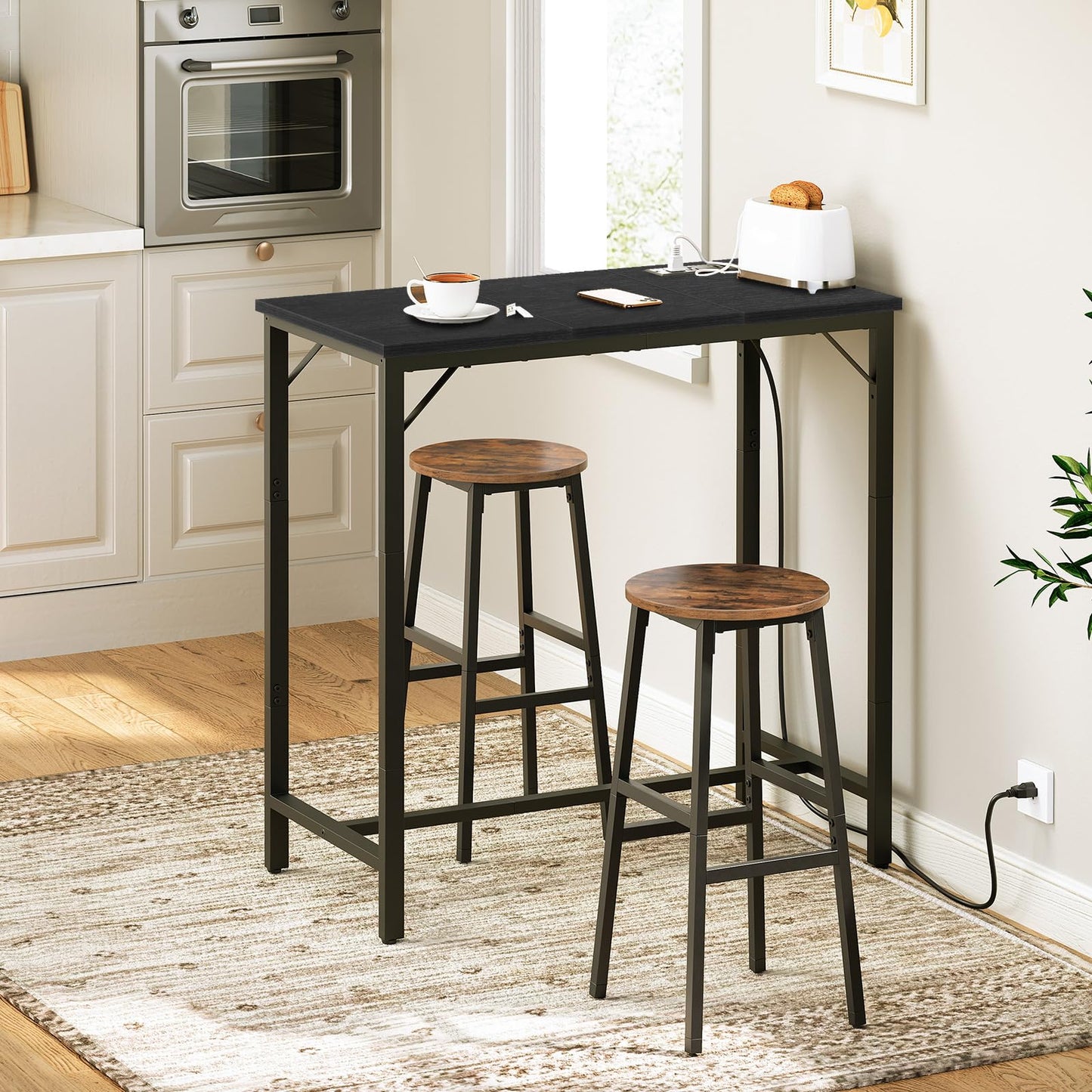 HOOBRO Bar Table with Charging Station, Rectangular Pub Table, High Top Coffee Table, Counter Bar Height Table, Narrow Long Dining Table, 35.4" L x 15.7" W x 35.6" H, Black BB90UBT01N1