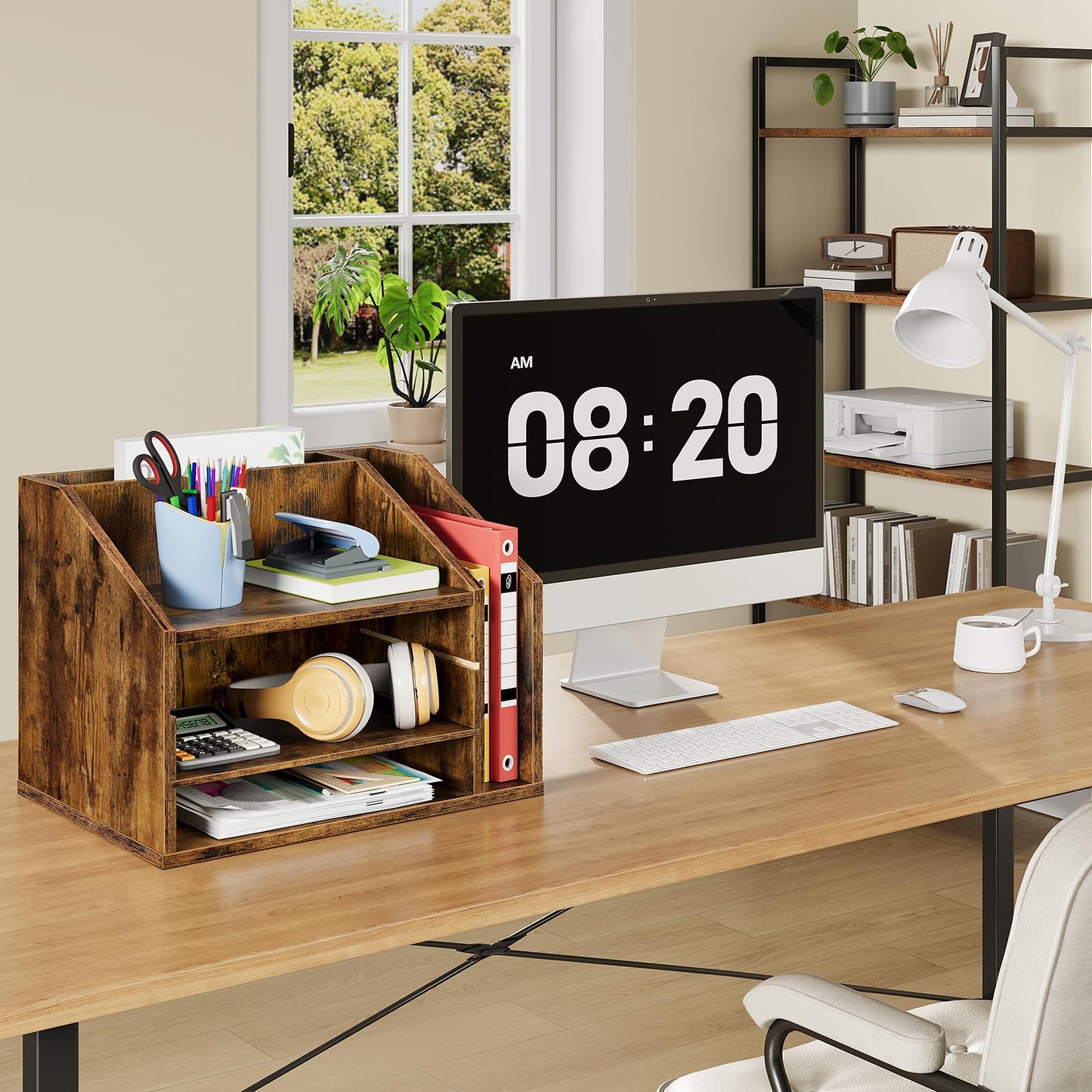 CHOEZON Wooden Desk Organizer and Wooden Desktop File Organizer Bundle, Desktop File Holder for Home Office, Easy Assembly, Rustic Brown, MWJ04FG-MWJ06FG