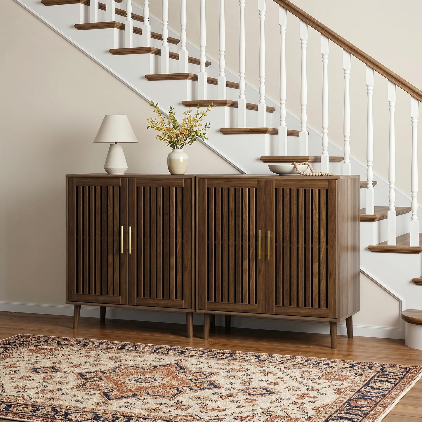 Smart FENDEE Sideboard Cabinet, 31.5" W Farmhouse Buffet Cabinet with Slatted Doors & Adjustable Shelf, Wood Coffee Bar Storage Station for Kitchen, Dining Room, Living Room, Entryway, Walnut Color