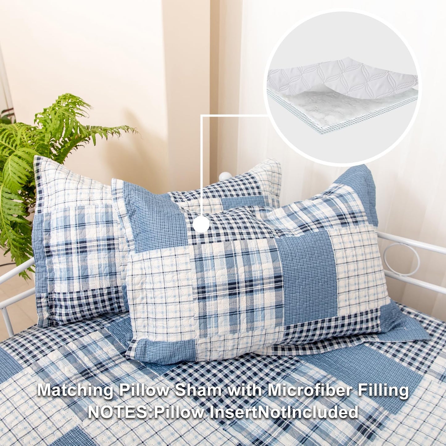 Jarson 3 Piece Plaid Daybed Cover Set Twin Blue Gray White Patchwork Quilted Daybed Bedding Sets Double Side Cozy Sofa Daybed Cover with 2 Shams