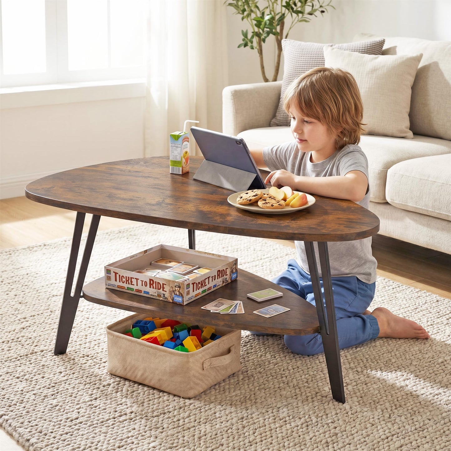 MWOOD Triangle Coffee Table, 33.5″‌Industial Center Table with Brown Top Surface&Black Metal Leg, Extra Storage Shelf for Living Room, Apartment(Rustic Brown&Black)