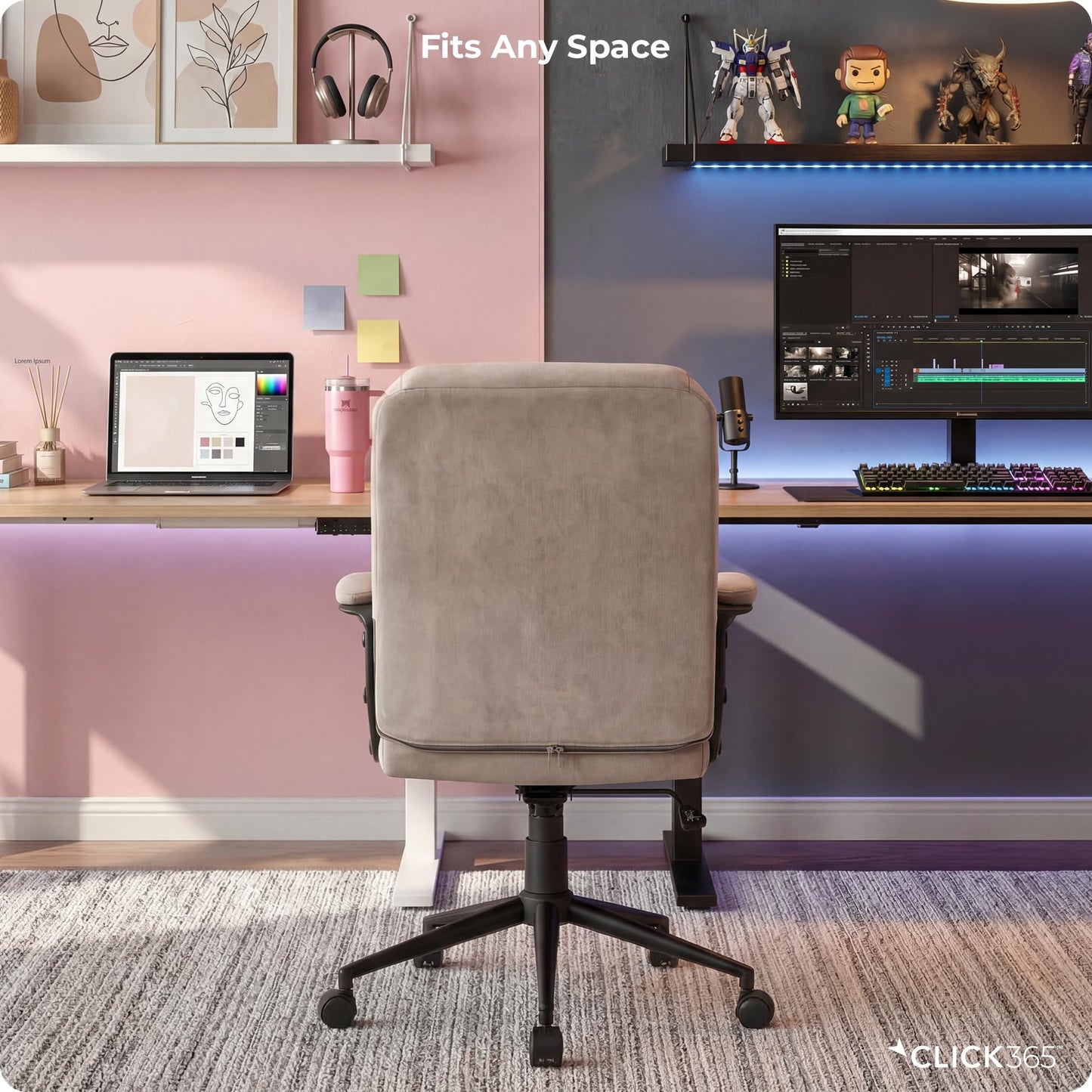 Click365 Transform 1.0 Ergonomic Office Chair, Mid Back Desk Chair with Padded Arms, Lumbar Support, Adjustable Height, Tilt Recline, Swivel Computer Chair, Fabric, Beige