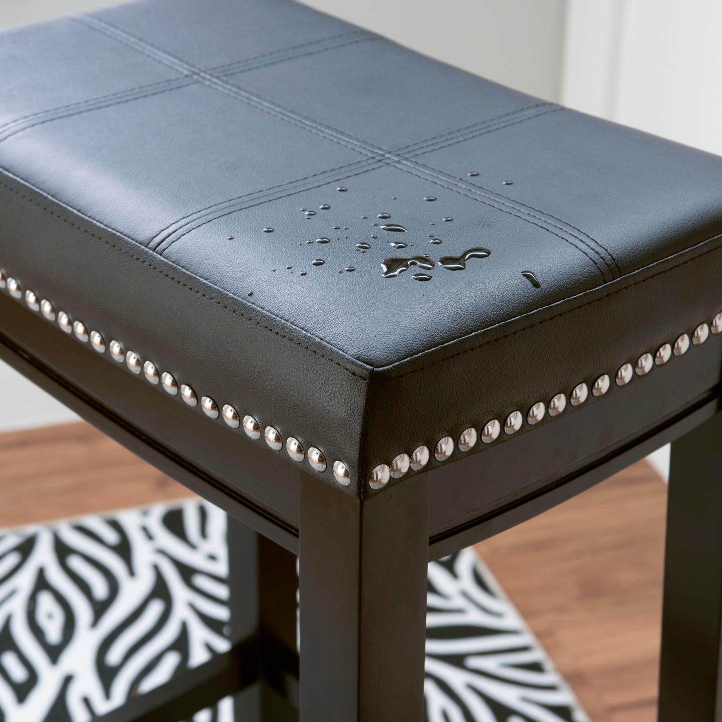 Linon Kingston Black Wooden Backless 26.5 Inch Seat Height Counter Stool with Black Faux Leather Upholstered Seat and Nailheads, Set of 2