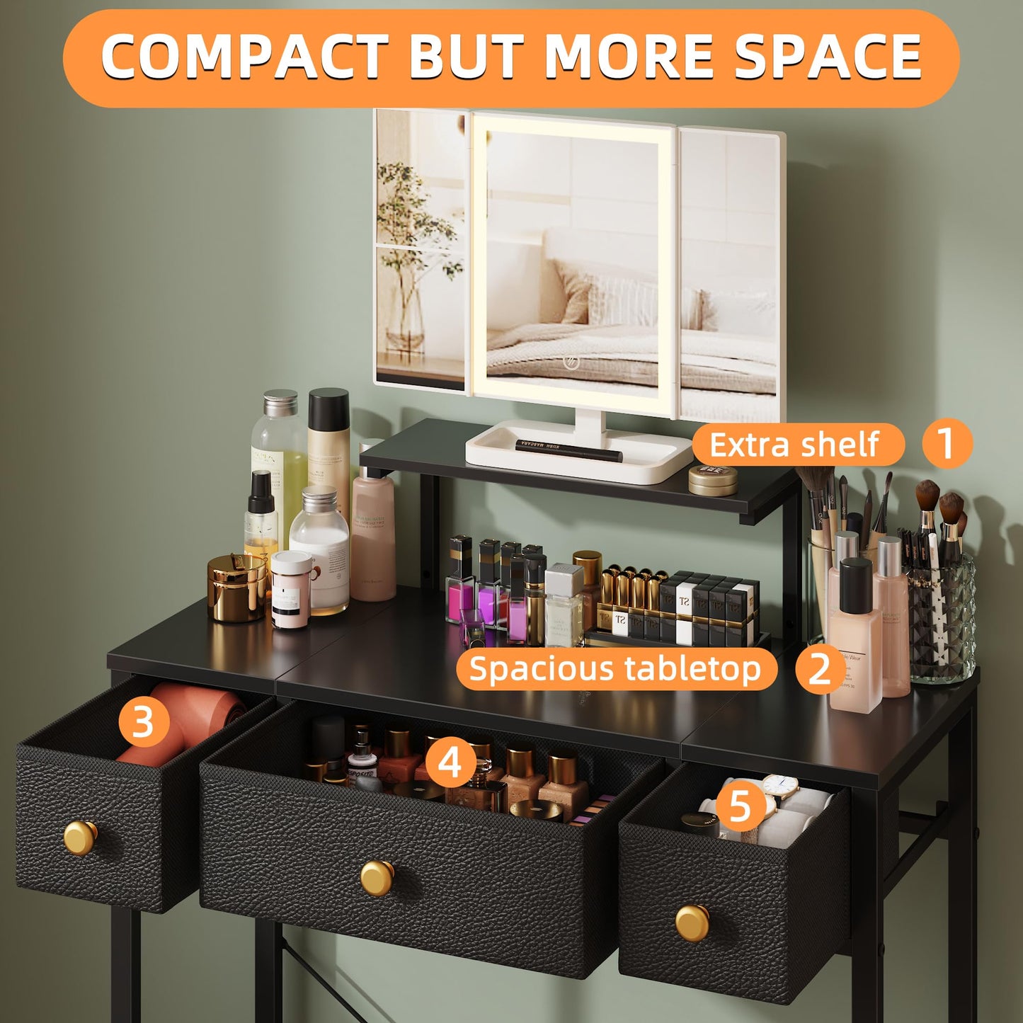 HIGDBFE Small Makeup Vanity Desk 27.5''W with Mirror and Lights, Vanity Desk with 3 Fabric Drawers and Height-Adjustable Stand, Vanity Table for Girls Gifts, Bedroom and Small Spaces, Black