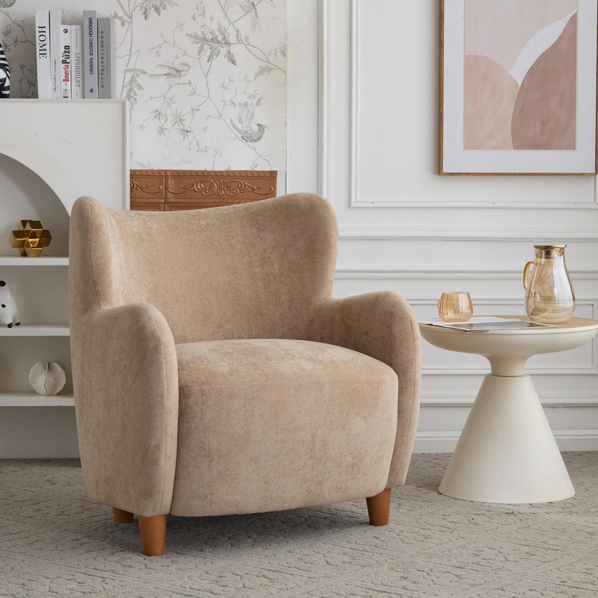 Merax Wingback Accent Armchair, Velvet Upholstered Lounge Chair with Pocket Spring Cushion and Solid Birch Legs, Mid Century Modern Reading Chair for Living Room Bedroom, Camel