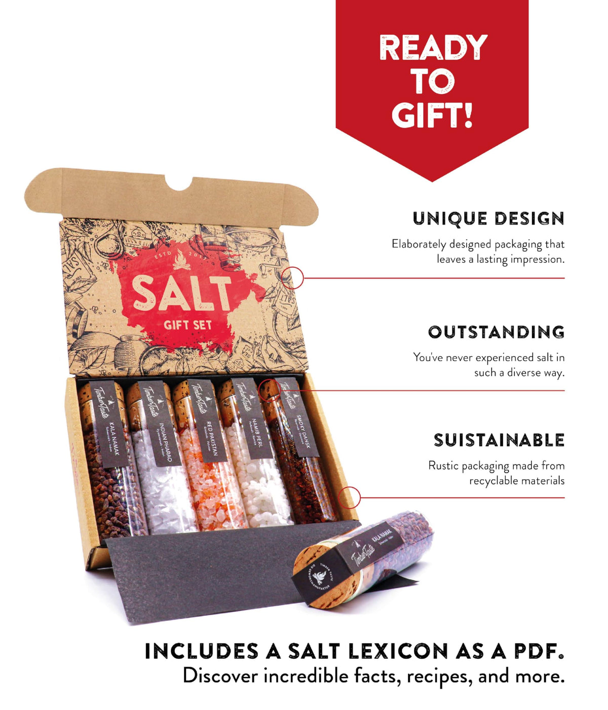 TIMBER TASTE® Premium Salt Sampler Set - 5 Gourmet Finishing Salts Smoky Gold Kala Namak Indian Pharao Pyramidensalz Namib Pearl | Sea Salt Mens Gifts Foodie Cooking Kit - Birthday Gift for Him