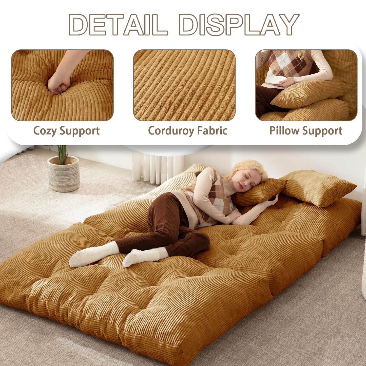 Folding Sofa Bed, Convertible Sleeper Chair with Pillow Foldable Mattress with Back Support, Portable Fold Out Chair Bed Comfy Floor Sofa Lounge for Living Room Bedroom, Yellow Full 80x54 Inch