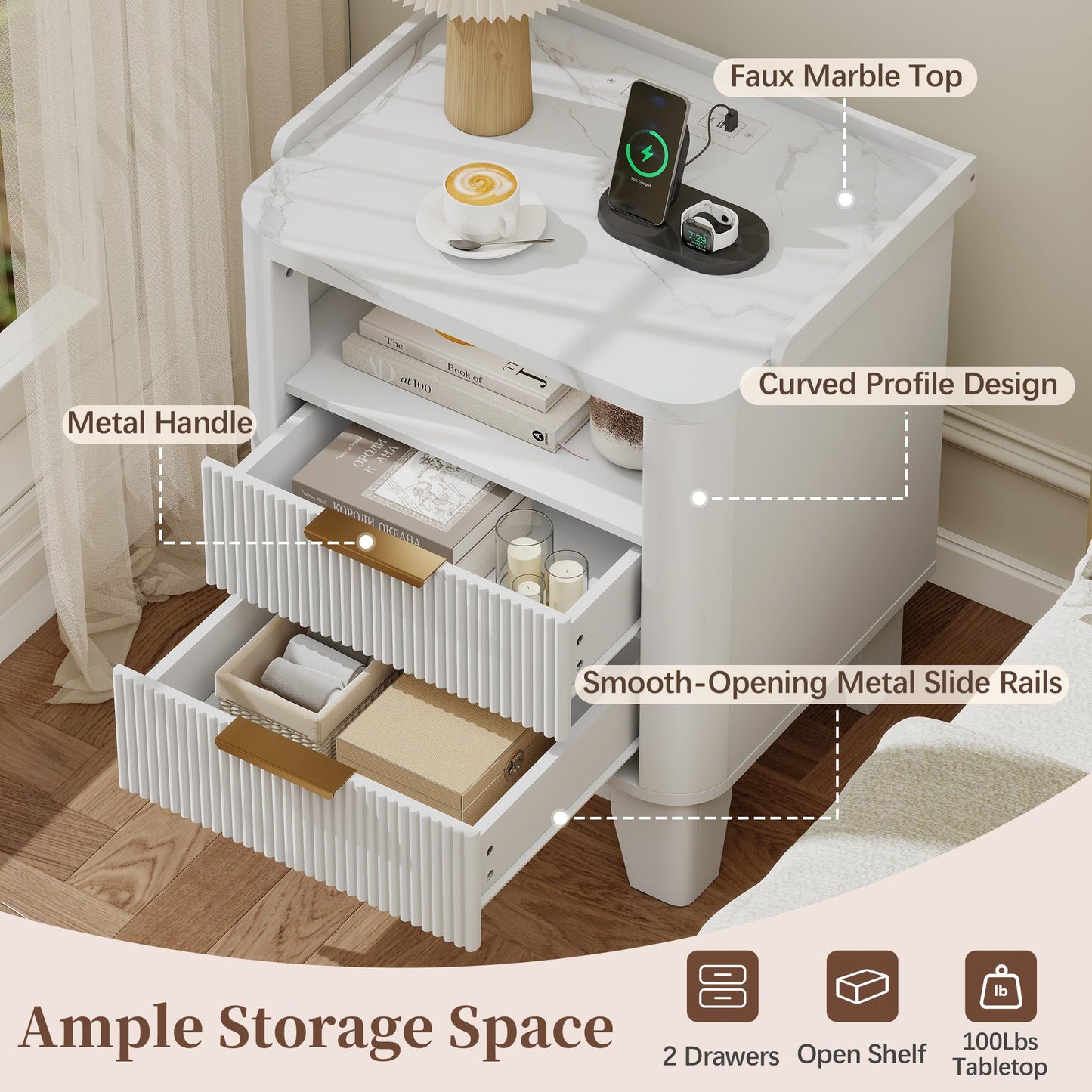 Baoz White Fluted Nightstand with Charging Station & 2 Drawers for Bedroom