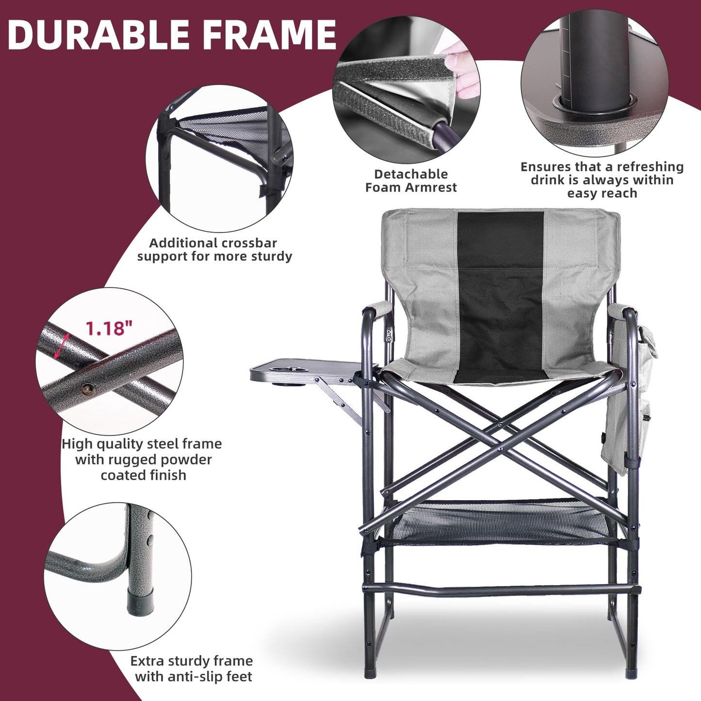 Foristrail 30" Tall Directors Chair with Side Table, 400LBS Bar Height Folding Camping Chair (Light Gray/Black)