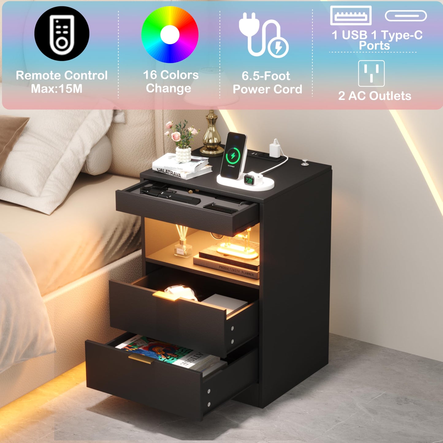 Yusong Night Stand with Gun Drawer & Invisible Lock, Bedside Table, LED Nightstand with Charging Station, Modern Night Stand, Wood Sofa Couch End Side Table with 2 Pull-Out Shelf (Black 002)