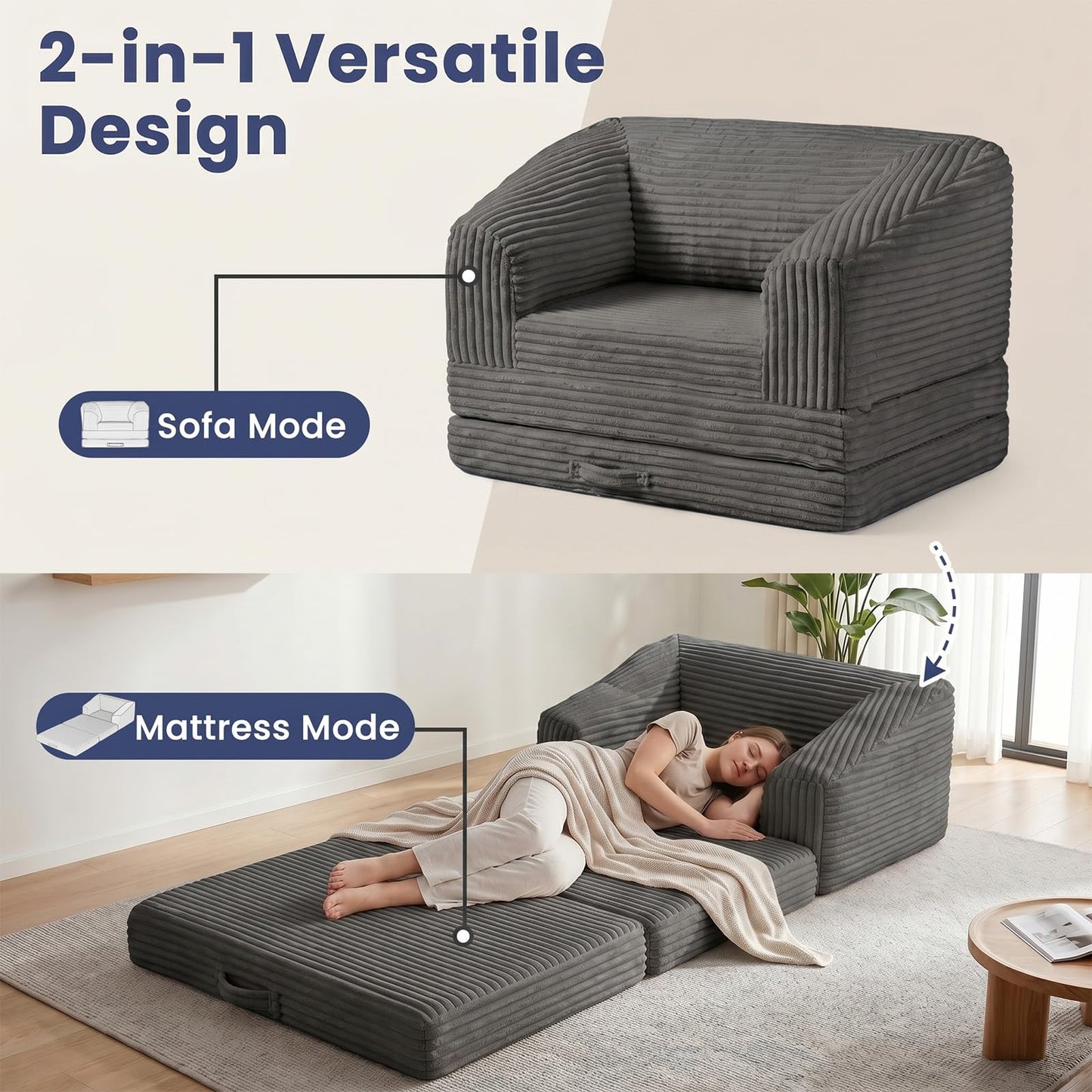 AOLVDOW Convertible Folding Sofa Bed, 2-in-1 Single Boneless Sofa with Soft Corduroy & Ultra-Thick Backrest, Foldable Boneless Chair Lounger Sleeper Sofa for Small Apartment, Living Room, Home Office