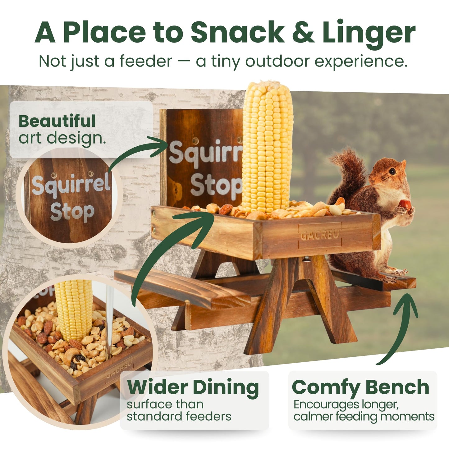 GACREU Squirrel Feeder Picnic Table – Wooden Bench Feeding Station with Umbrella, Drainage & Airflow – Easy Assembly Wildlife Feeder for Corn & Nuts – Unique Garden Gift