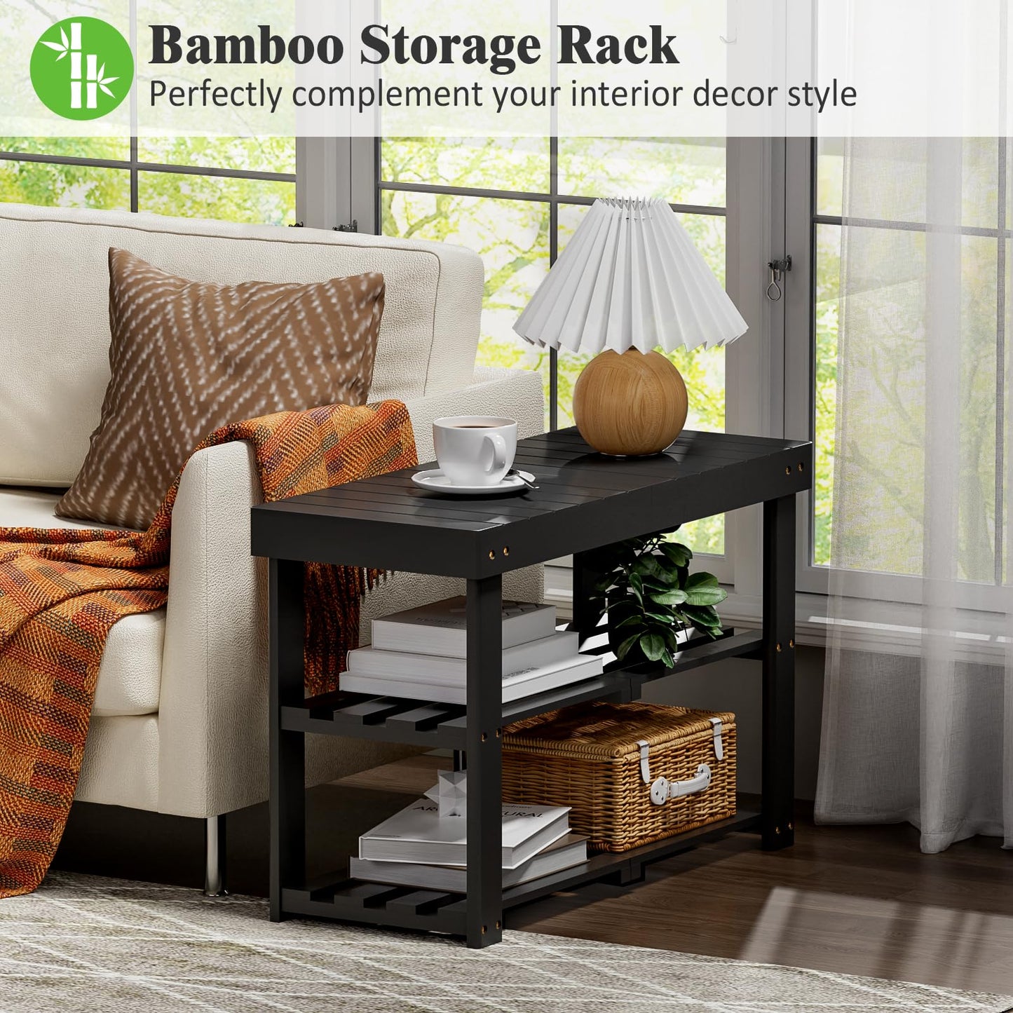 BAMBUROBA Bamboo Shoe Rack Bench, 3-Tier Entryway Bench, Small Shoes Storage Organizer Holds Up to 300lbs, 27.5 x 11 x 16.9 Inches, for Front Door, Hallway, Living Room, Bedroom,Black
