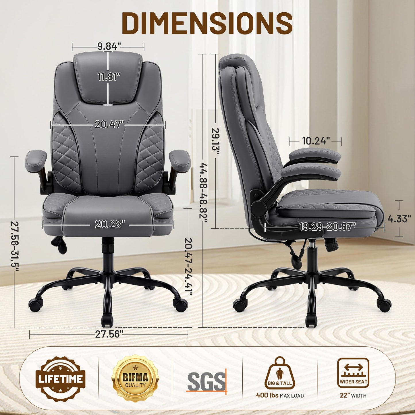 Hayelf Ergonomic Office Chair, PU Leather High Back Executive Chair with Adjustable Inflatable Lumbar Support and Padded Flip-Up Arms, Recline Swivel Task Computer Chair for Home Office, Gray