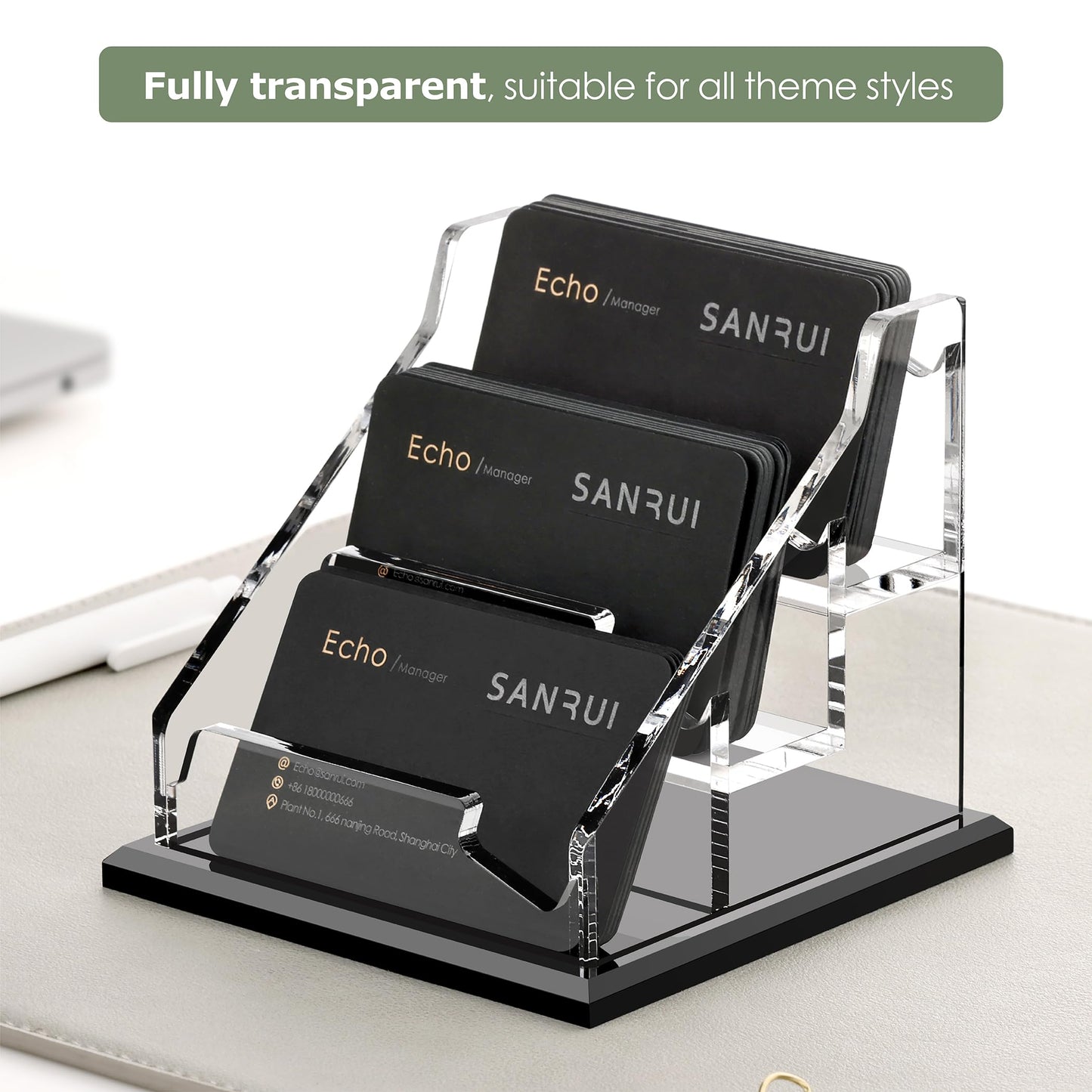 SANRUI Clear Acrylic Business Card Holder, 3-Slot Desktop Business Card Display Stand with Stable Widened Black Base, Desk Accessories Workspace Organizer for Office Reception Trade Show