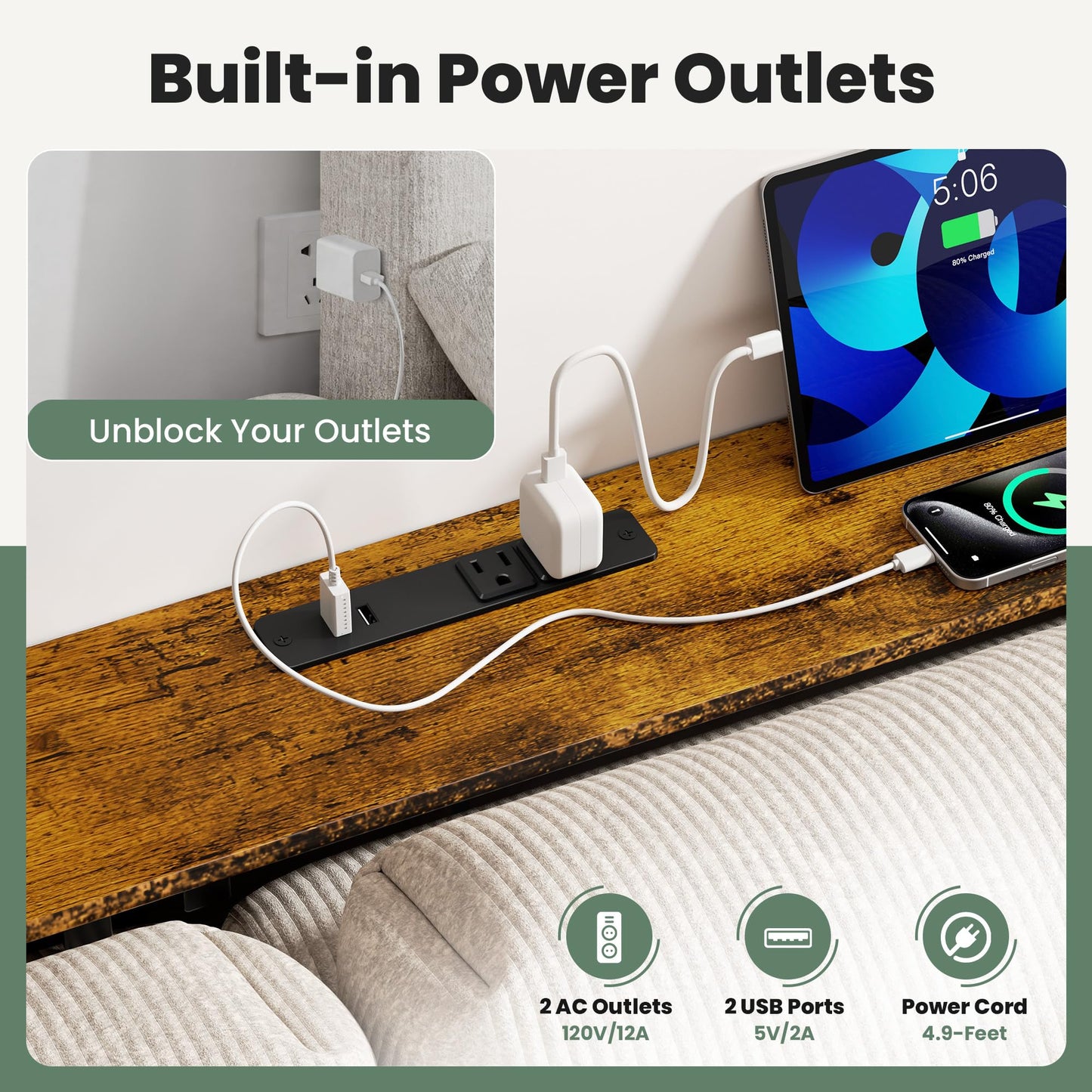 GRLEAF 70" Sofa Table with Built-in Power Strip (2 AC Outlets & 2 USB Ports) – 4.9ft Power Cord, Metal Frame, Easy Assembly, Long Couch Table Behind Sofa, Living Room and Home Office | Rustic Brown