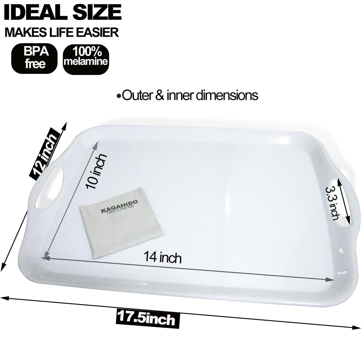 KAQAHIDO Large Melamine Serving Trays for Eating, 17.5’’ x 12’’ Serve Platter for Appetizer, Charcuterie, Food, Snack, Cupcakes, Dessert, BPA-Free, Dishwasher Safe Tray, Set of 2, White