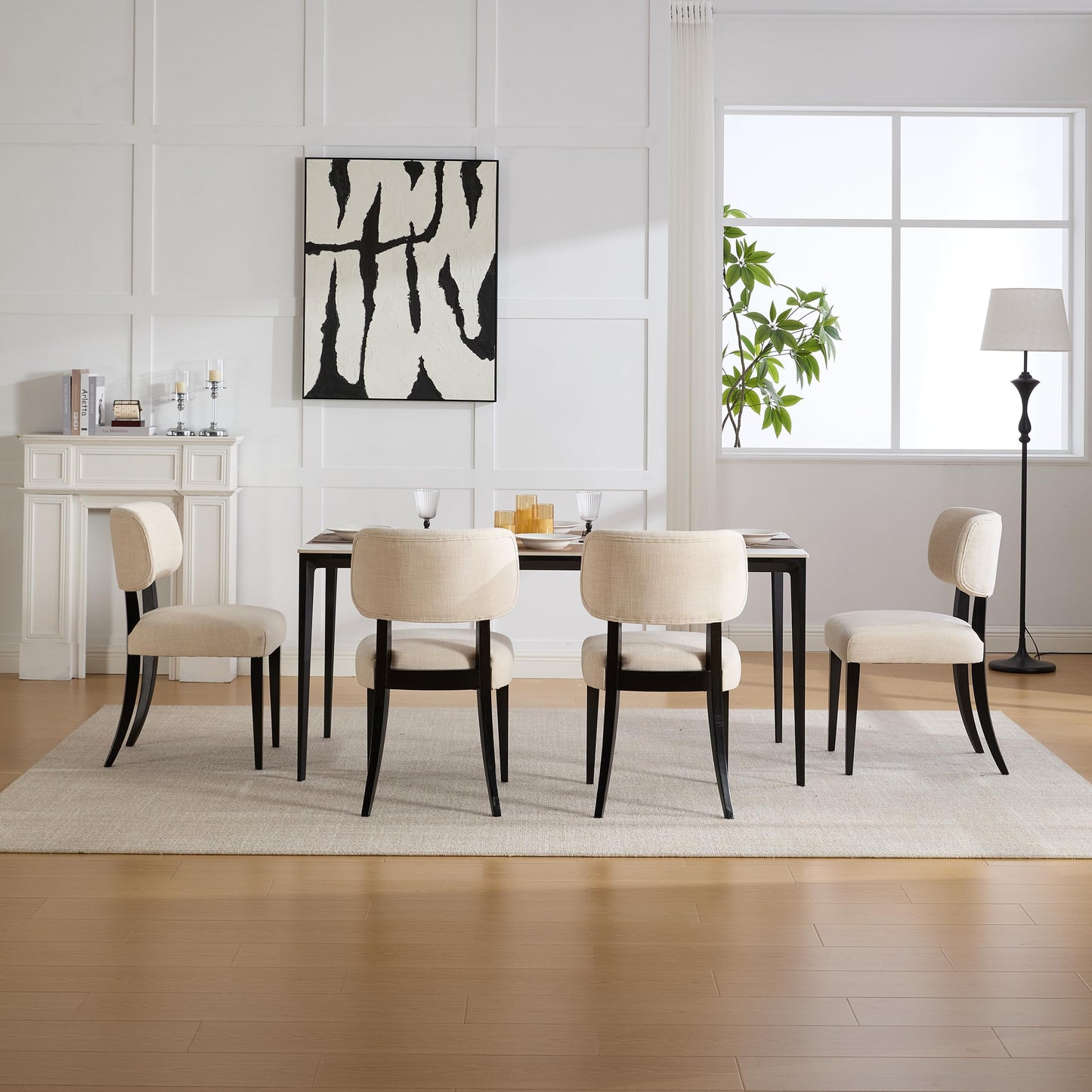 Wood Upholstered Dining Chairs Set of 2, Modern Linen Fabric Accent Side Seating with Padded Backrest, Armless Farmhouse Kitchen Room Furniture for Breakfast Nook Apartment Restaurant (Beige)