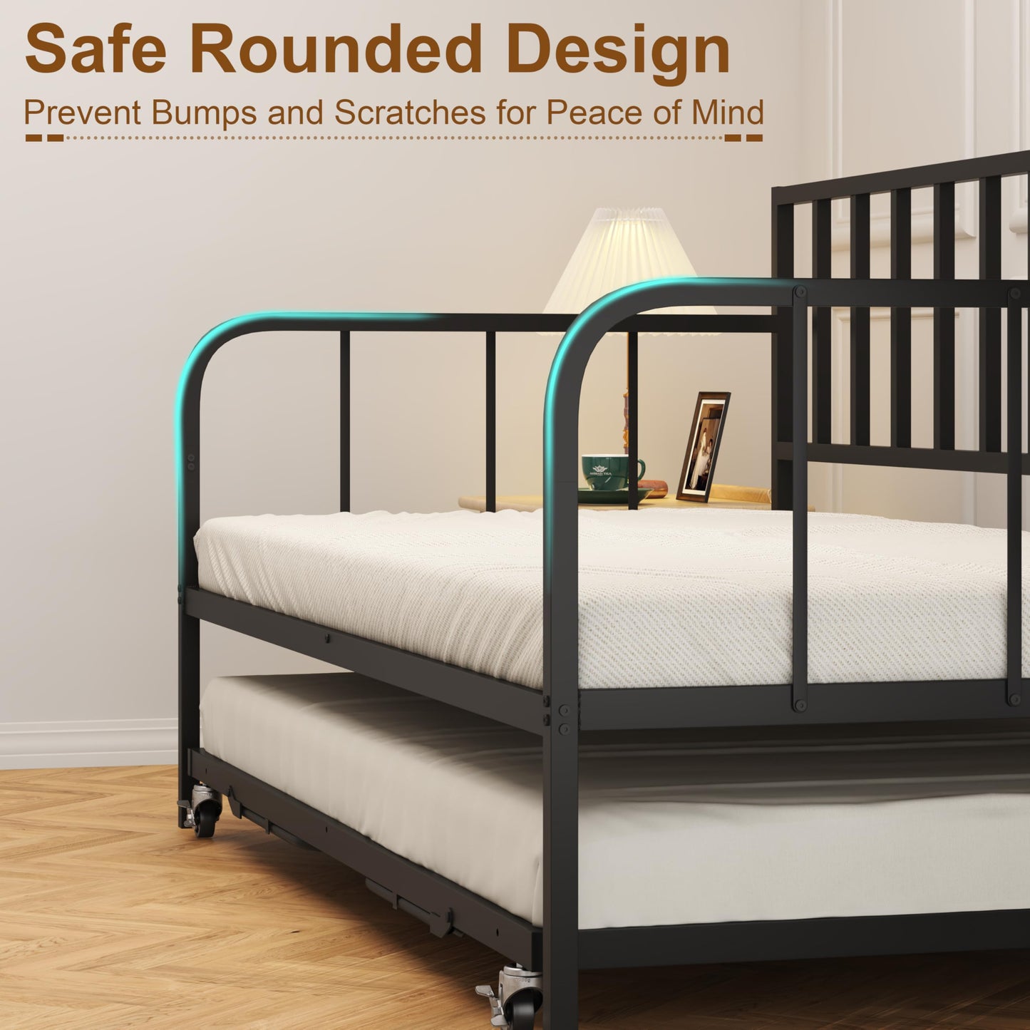 JOJOZOO Daybed with Trundle, Heavy Metal Twin Size Bed with USB Charging Station & LED Lights, Space Saving for Living Room, Bedroom, Guest Room