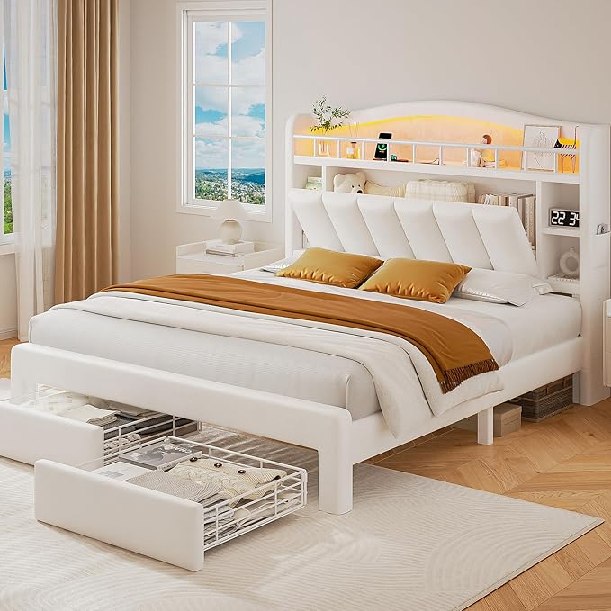 Full Size Bed Frame with LED Storage Headboard & 2 Storage Drawers, Velvet
