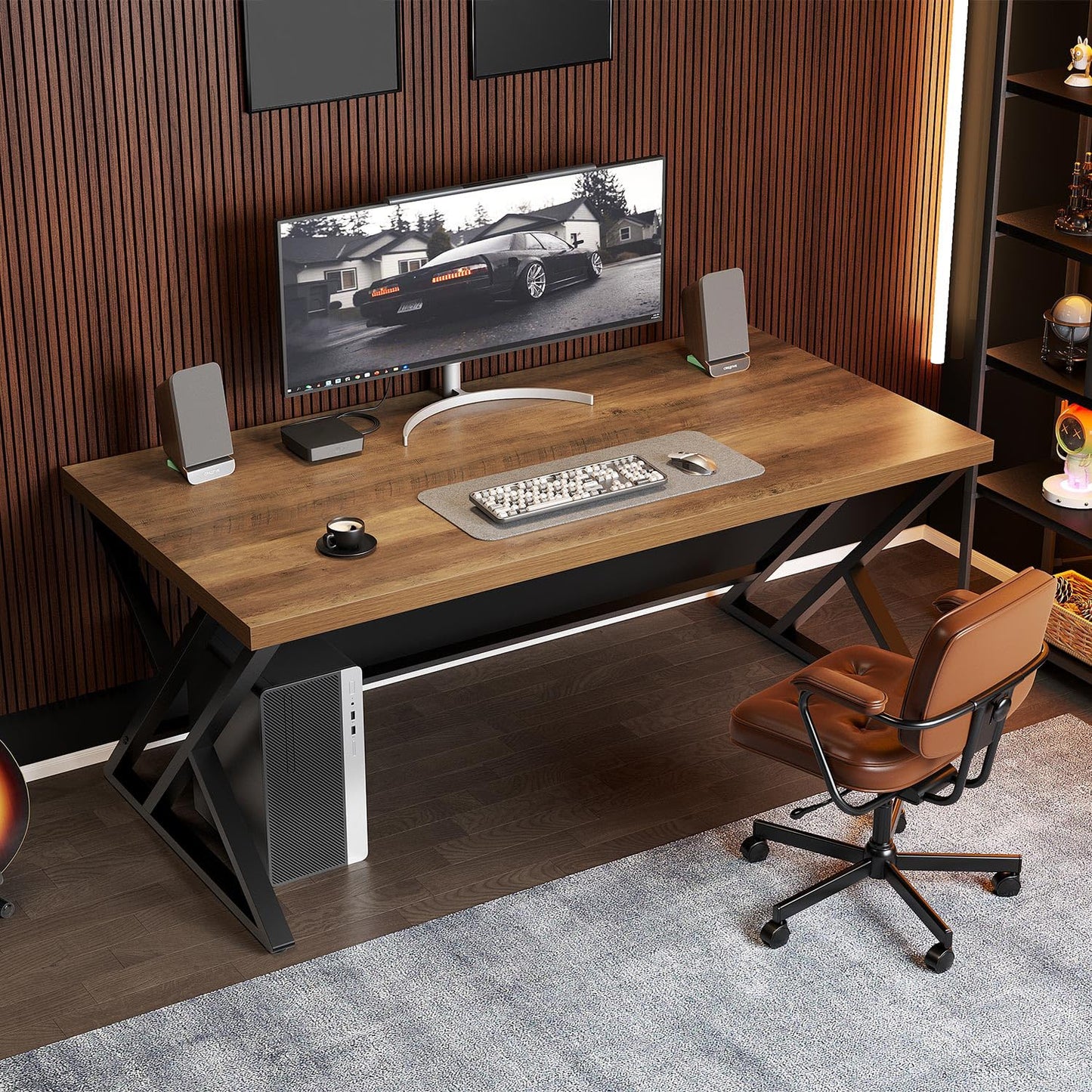 LVB Wood Computer Desk, Rustic Home Office Executive Desk for Bedroom, Industrial Wooden Computer Writing Study Work Gaming Table, Modern Metal PC Student Simple Desk with Storage, 55 Inch, Rustic Oak